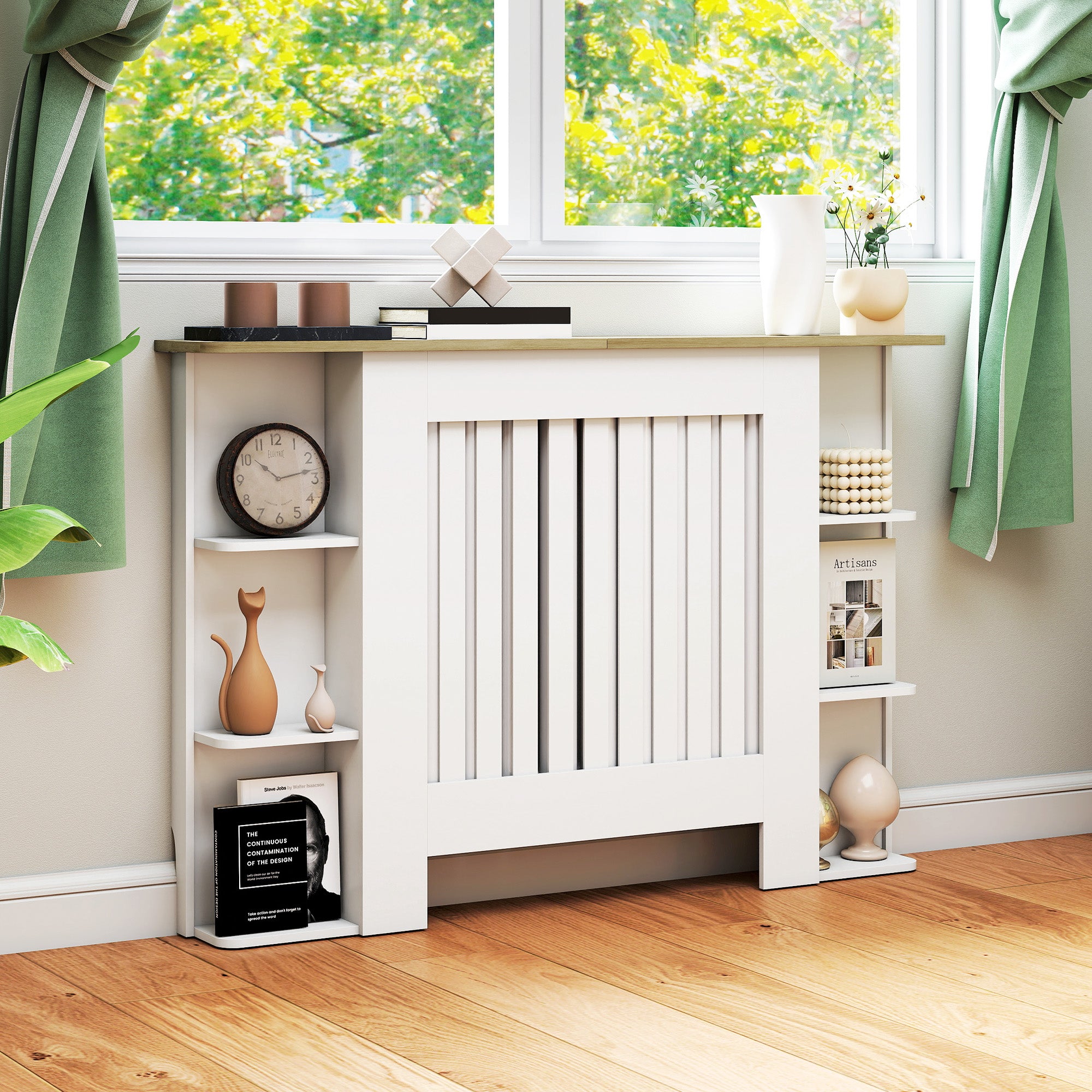 Kozy Radiator Cover with Open Storage Shelves, Vertical Slatted Cabinet Shelf Heater Cover for Living Room, Hallway, Medium, White (H: 83 / W: 124 / D: 19 cm)
