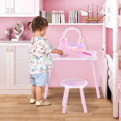 Kozy Kids Dressing Table Girls Pink Wooden Kids Dressing Table & Stool Make Up Desk Chair Toys Fairy Dresser Play Set w/Mirror