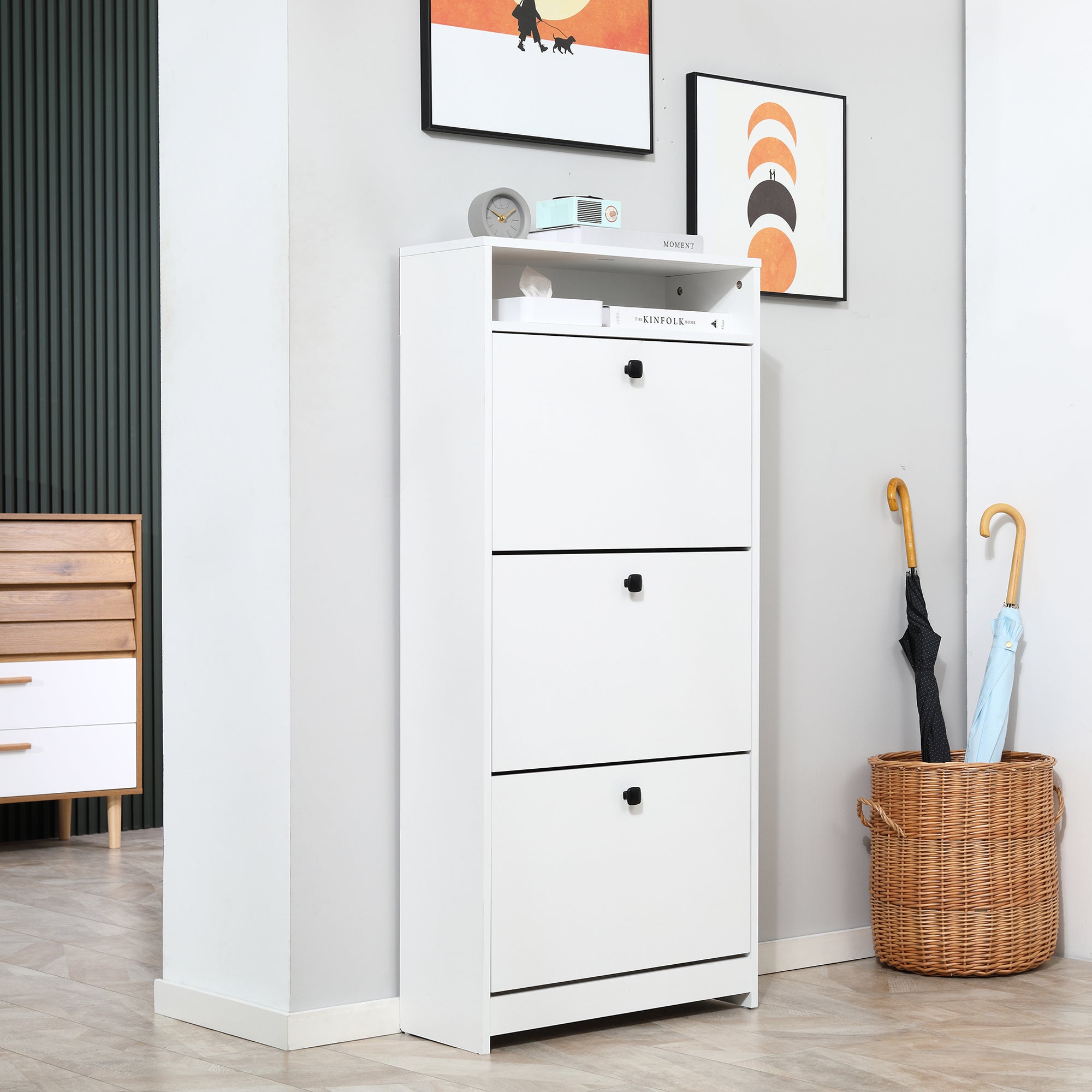 Kozy Narrow Shoe Cabinet with 3 Flip Doors, 14-18 Pairs Shoe Cupboard with Open Shelf for Slim Hallway and Entryway, 24 x 60 x 132 cm, White