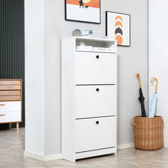 Kozy Narrow Shoe Cabinet with 3 Flip Doors, 14-18 Pairs Shoe Cupboard with Open Shelf for Slim Hallway and Entryway, 24 x 60 x 132 cm, White