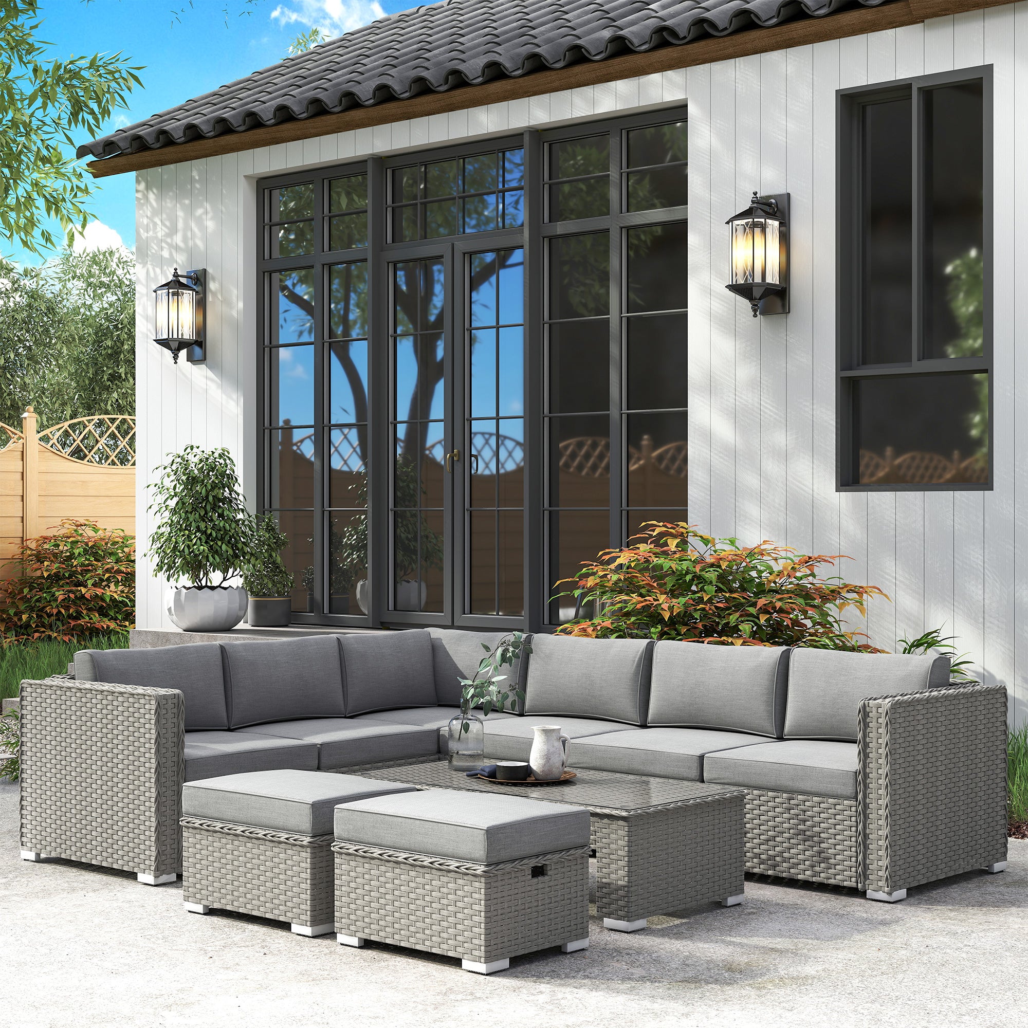 Kozy 6 Pieces Outdoor PE Rattan Wicker Corner Sofa Set with 10cm Thick Padded Cushions, Aluminium Conservatory Furniture with Glass Top Coffee Table, Footstools, Grey