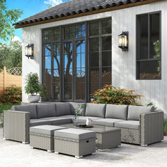 Kozy 6 Pieces Outdoor PE Rattan Wicker Corner Sofa Set with 10cm Thick Padded Cushions, Aluminium Conservatory Furniture with Glass Top Coffee Table, Footstools, Grey