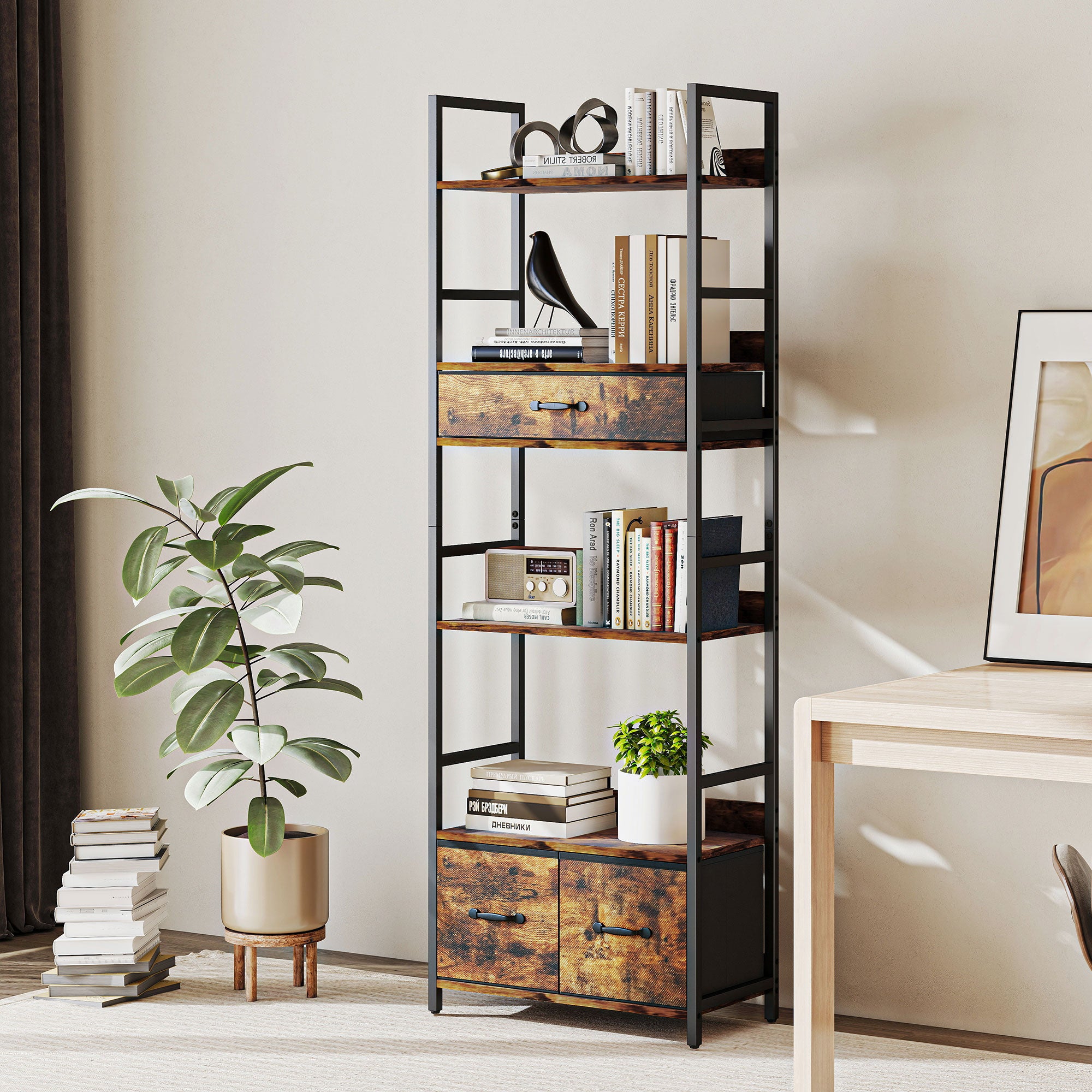 Kozy Industrial Style Bookcase, with 4 Shelves and 3 Fabric Drawers - Brown/Black
