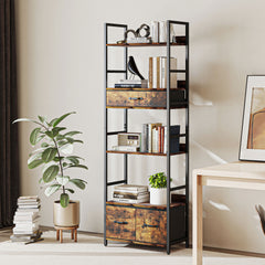 Kozy Industrial Style Bookcase, with 4 Shelves and 3 Fabric Drawers - Brown/Black