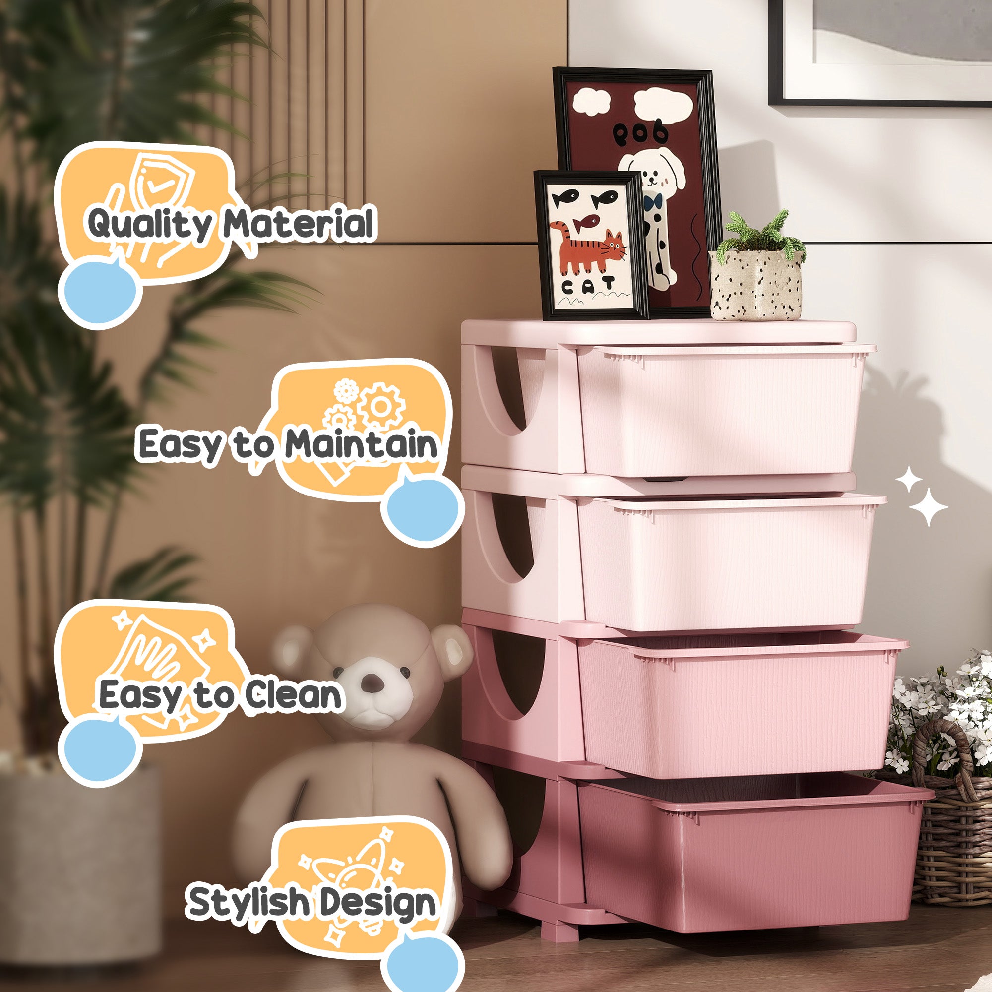 Kozy - Four-Tier Kids Storage Boxes, with Four Drawers, Pink