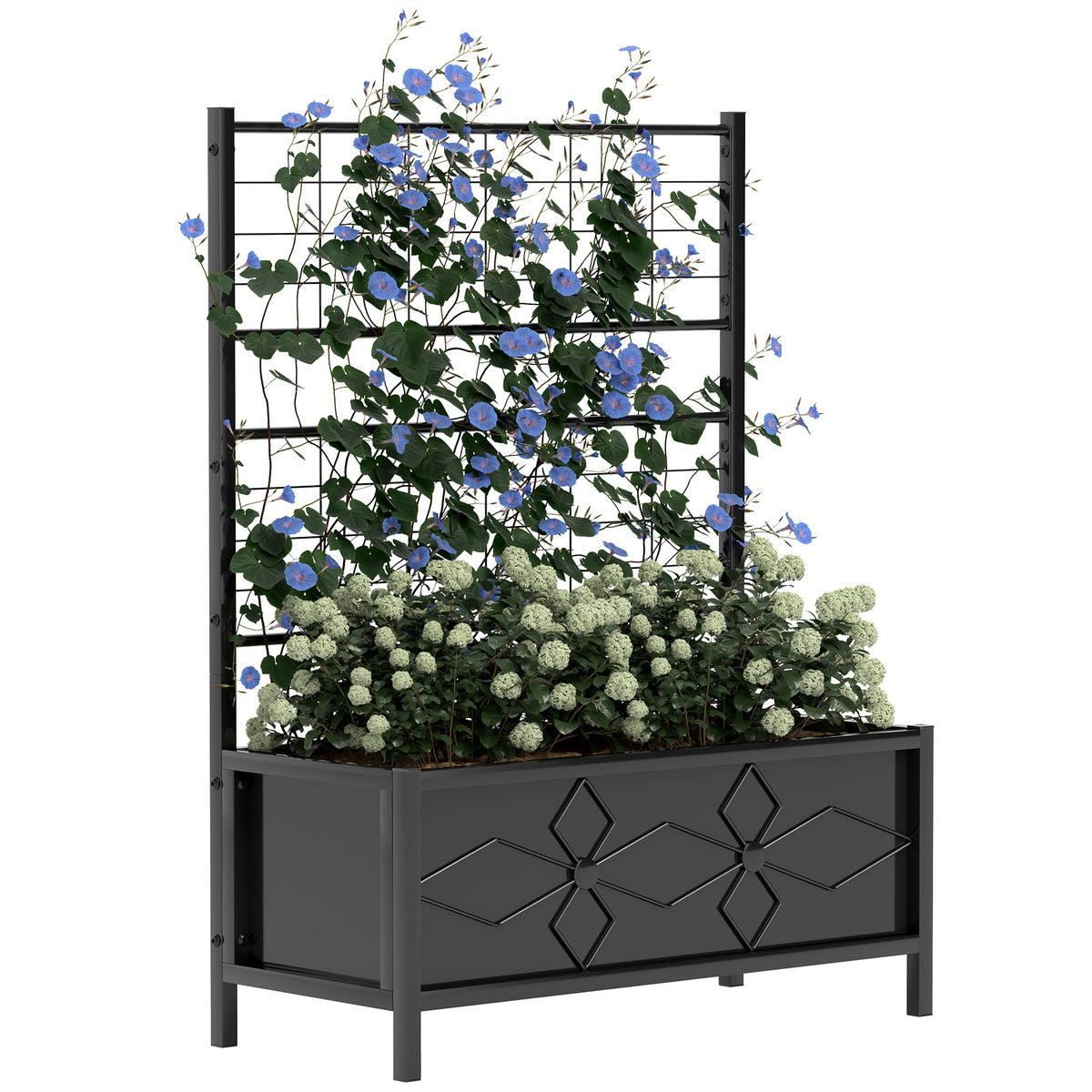 Kozy - Raised Bed for Garden with Trellis, Galvanised Planter Box with Diamond Pattern, Drainage Holes for Vegetables, Herbs and Flowers, 90 x 40 x 120 cm, Black