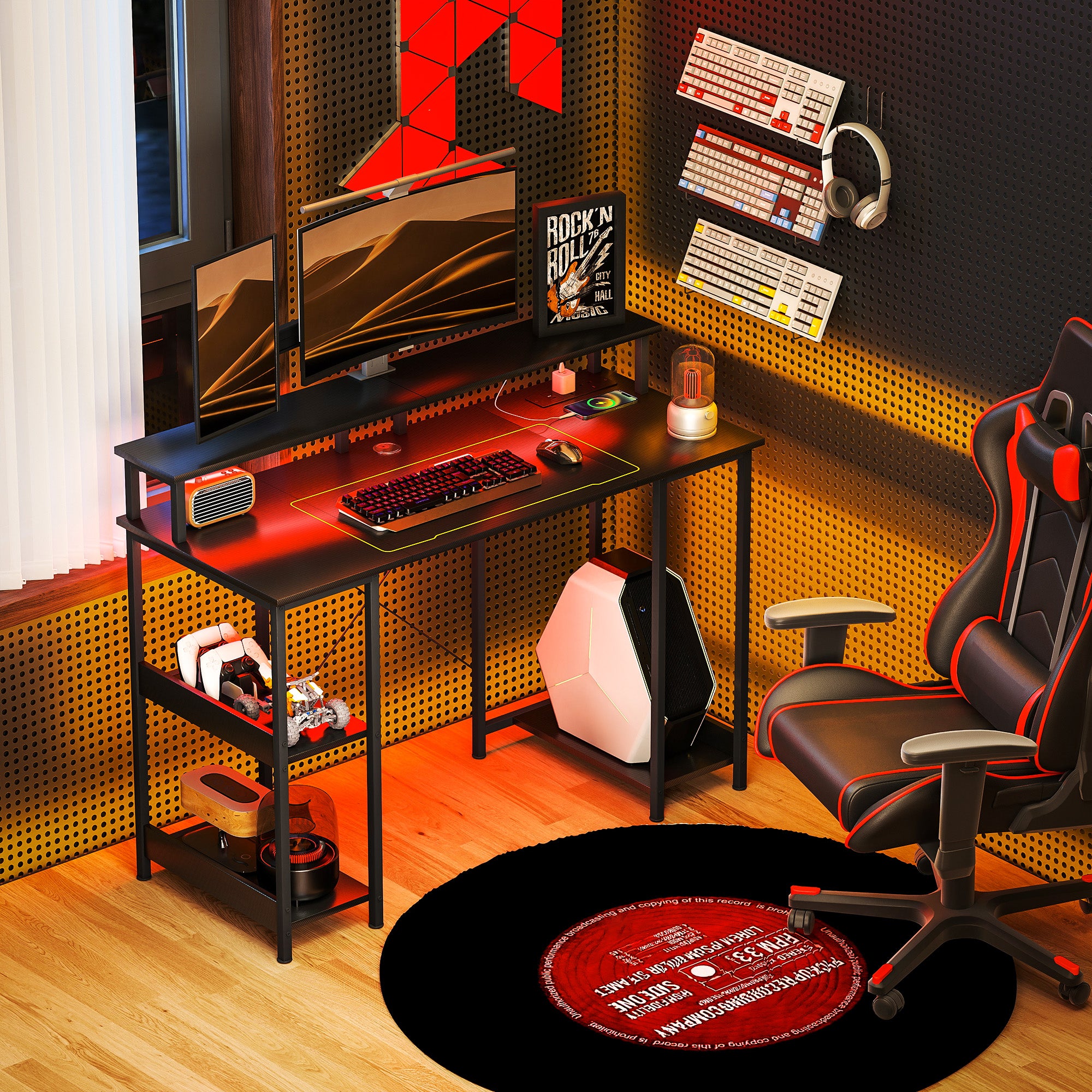 Kozy - LED Computer Desk, with Power Outlets and Shelves - Carbon Fibre Grey