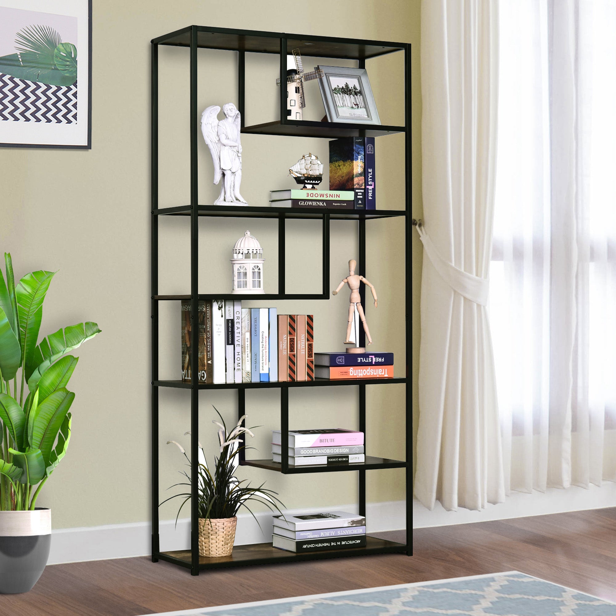 Kozy 6 Tier Bookcase, Industrial Tall Shelf Unit with Steel Frame for Home Office, Study, Living Room, Hallway, 82 x 33.5 x 175 cm, Rustic Brown and Black