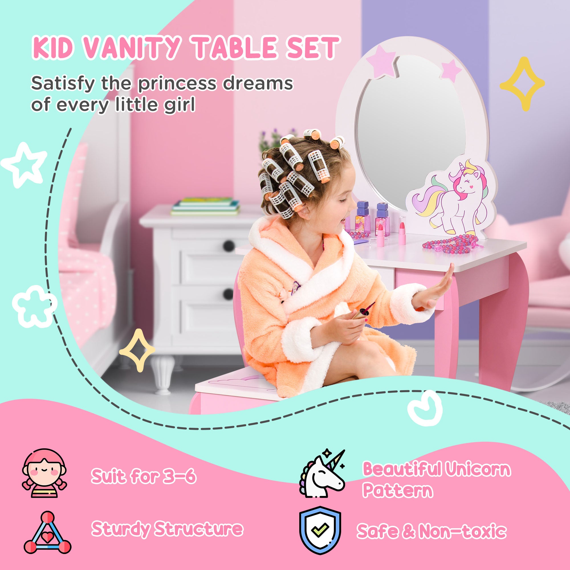 Kozy Kids Dressing Table with Mirror, Stool, Pink