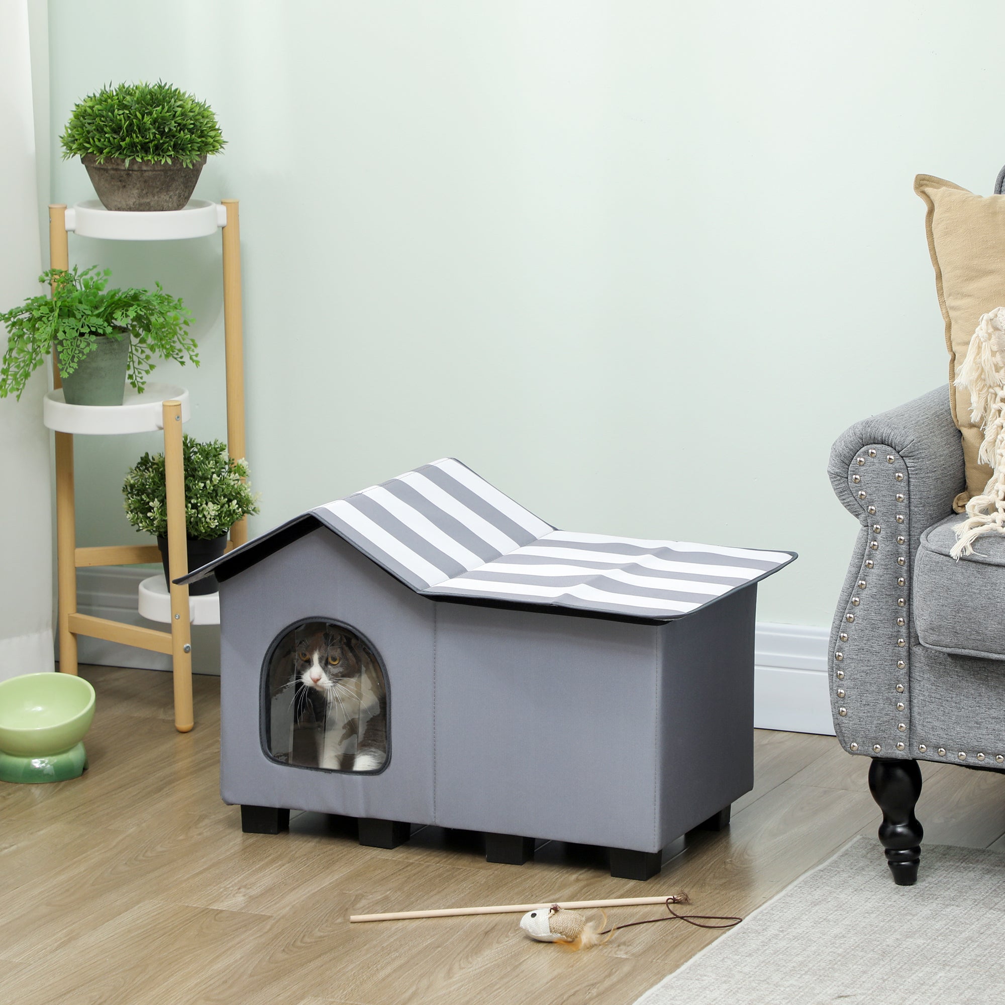 Kozy - Outdoor Cat House, Weatherproof Feral Cat Cave with Elevated Base and Cushion for Winter, Grey