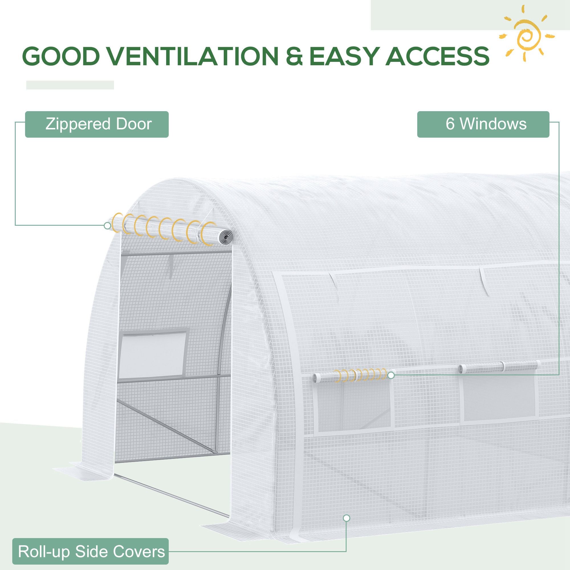 Kozy 3 x 3 x 2 m Polytunnel Greenhouse with Roll-up Side Walls, Walk-in Grow House Tent with Steel Frame, Reinforced Cover, Zipped Door and 6 Mesh Windows for Garden, White