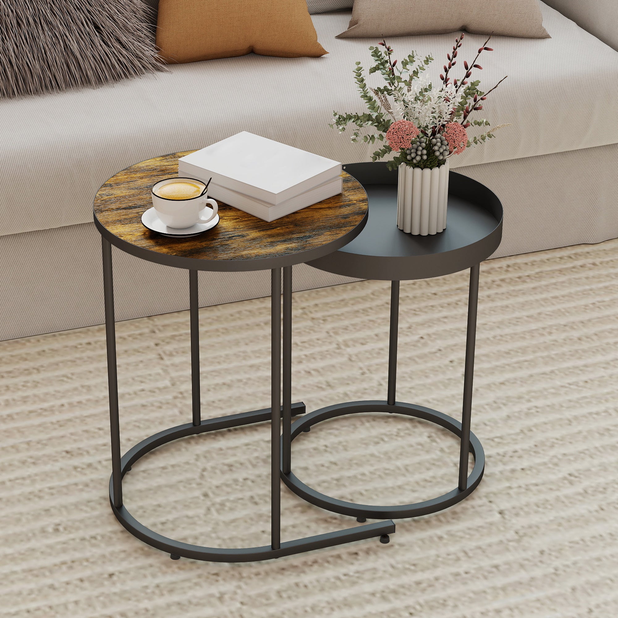 Kozy Round Nesting Side Table Set of 2 - Rustic Brown