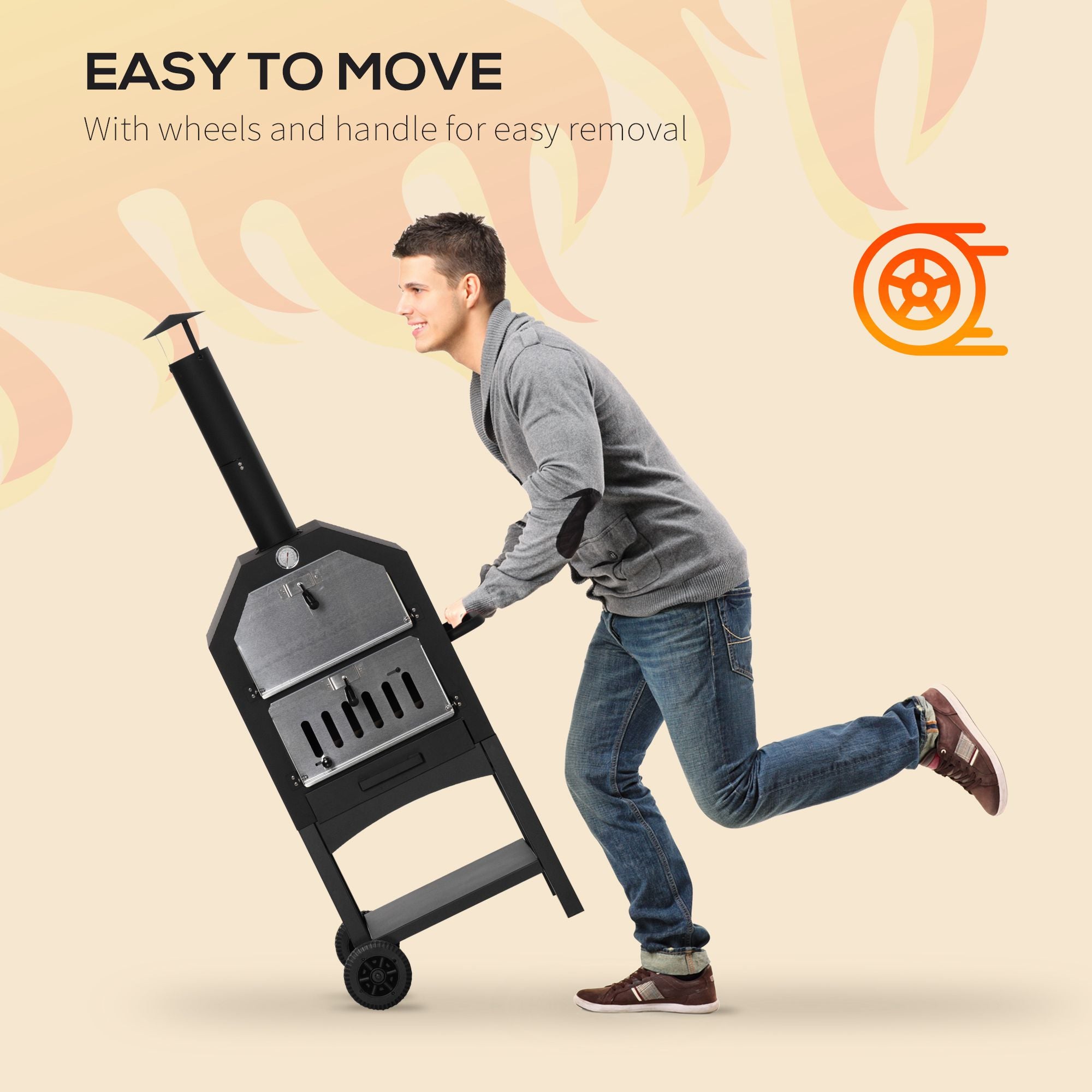 Kozy Outdoor Garden Pizza Oven Charcoal BBQ Grill 3-Tier Freestanding w/ Chimney, Mesh Shelf, Thermometer Handles, Wheels Garden Party Gathering Stainless Steel Cooker