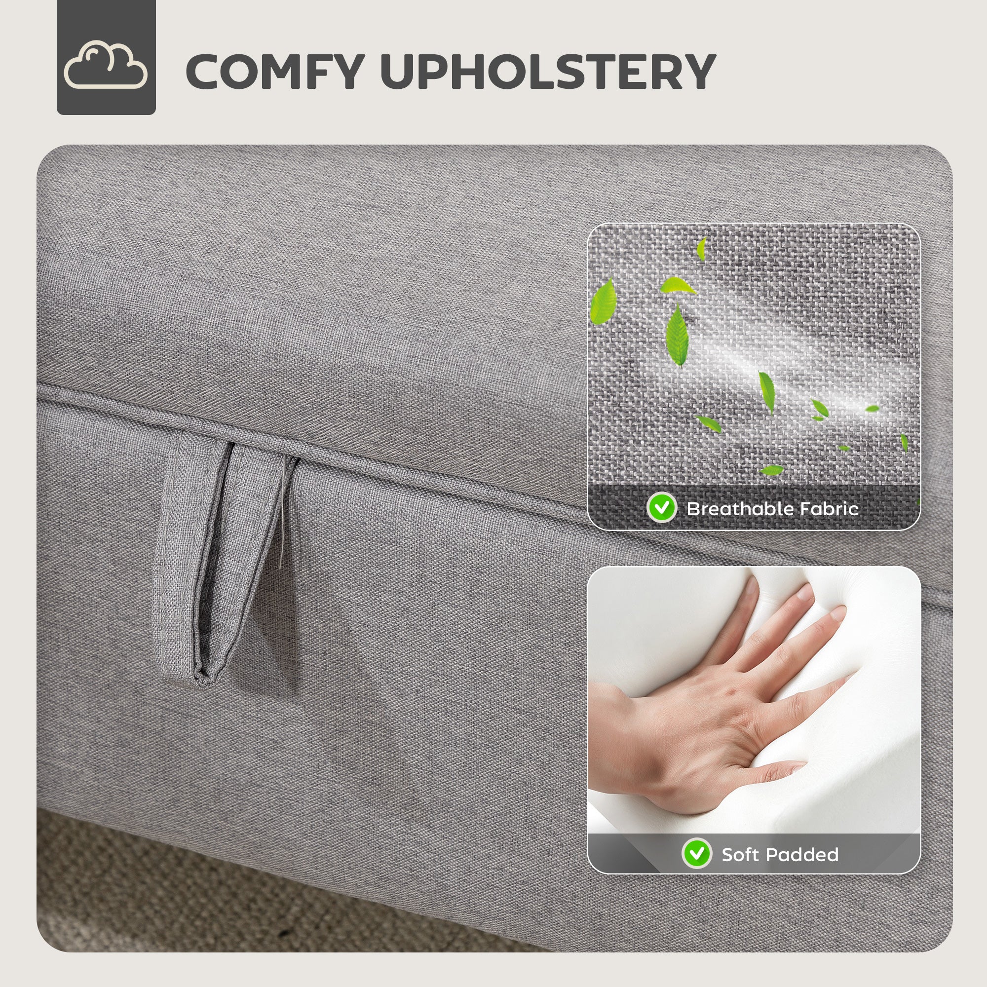 Kozy - 16L Linen Storage Ottoman Padded Footstool with Rubberwood Legs for Storage Box, Bed End, Shoe Bench, Seating, Light Grey