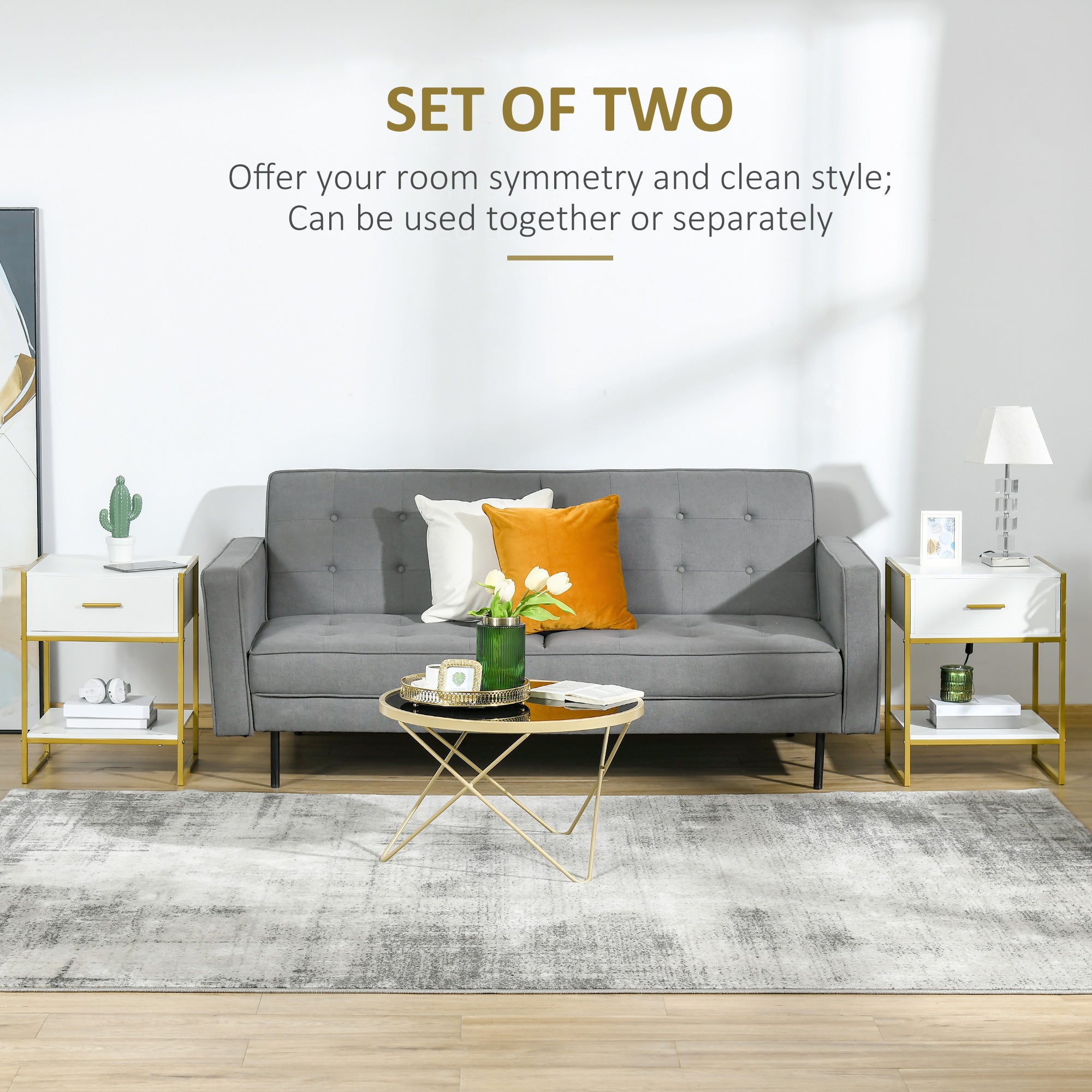 Kozy Set of Two Elegant Bedside Tables - White/Gold-Tone