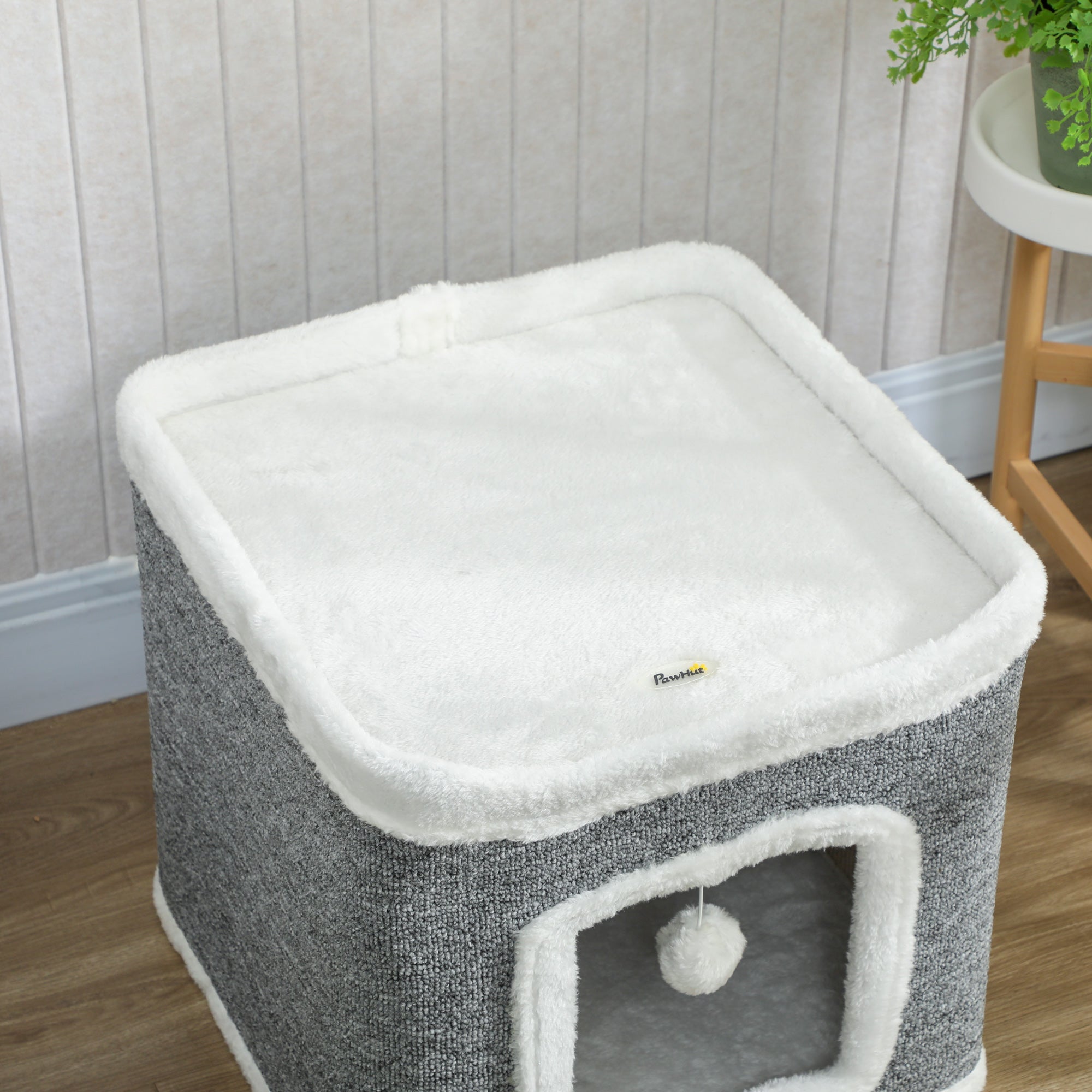 Kozy Cat House for Indoor Kittens, 2-Level Cat Cave Bed with Fluffy Balls, Top Bed, Kitten Barrel for Multi Kitties, Grey