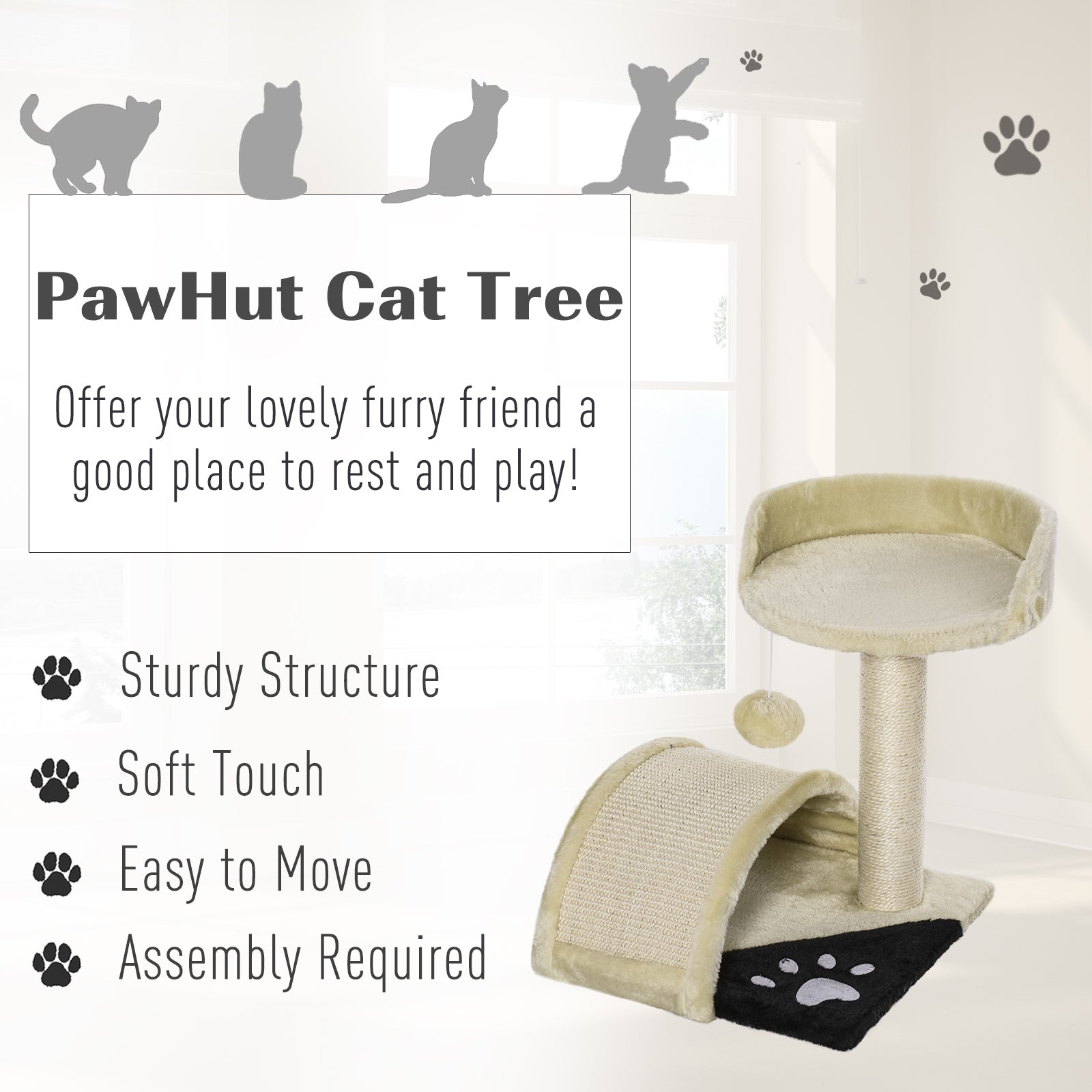 PawHut Cat Scratching Tree, Post with Activity Centre, Climber, Hanging Ball, Plush Cover, Beige