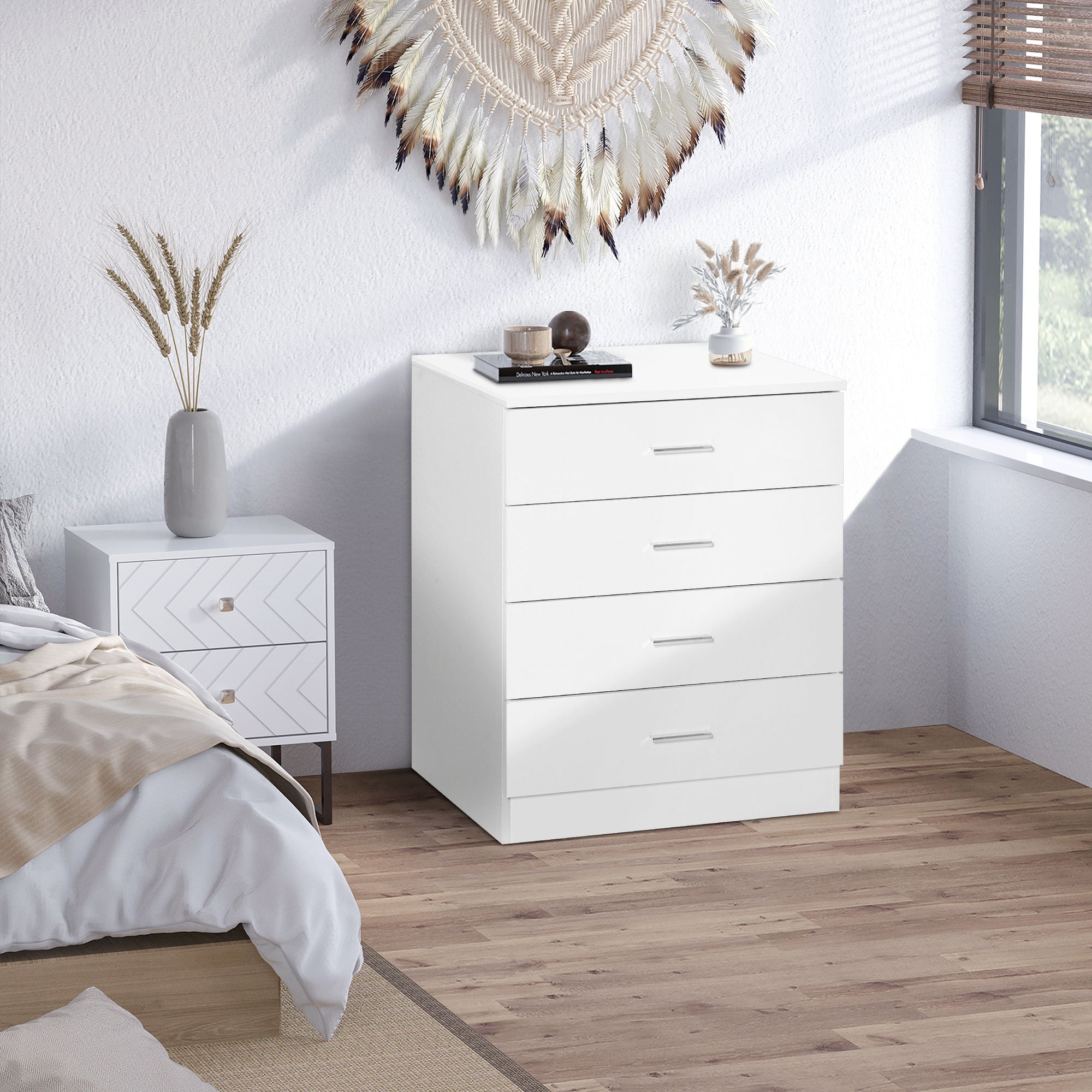 Kozy Chest of Drawers, 4 Drawers Storage Cabinet with Metal Rails, Anti-Tip for Playroom, Nursery Room, Hallway, etc
