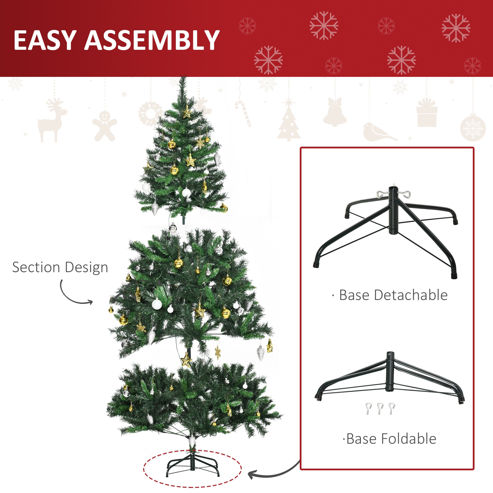 HOMCOM 1.8m 6ft Pre Lit Christmas Tree 200 LED Xmas Tree Holiday Décor with Decorative Balls Ornament Metal Stand