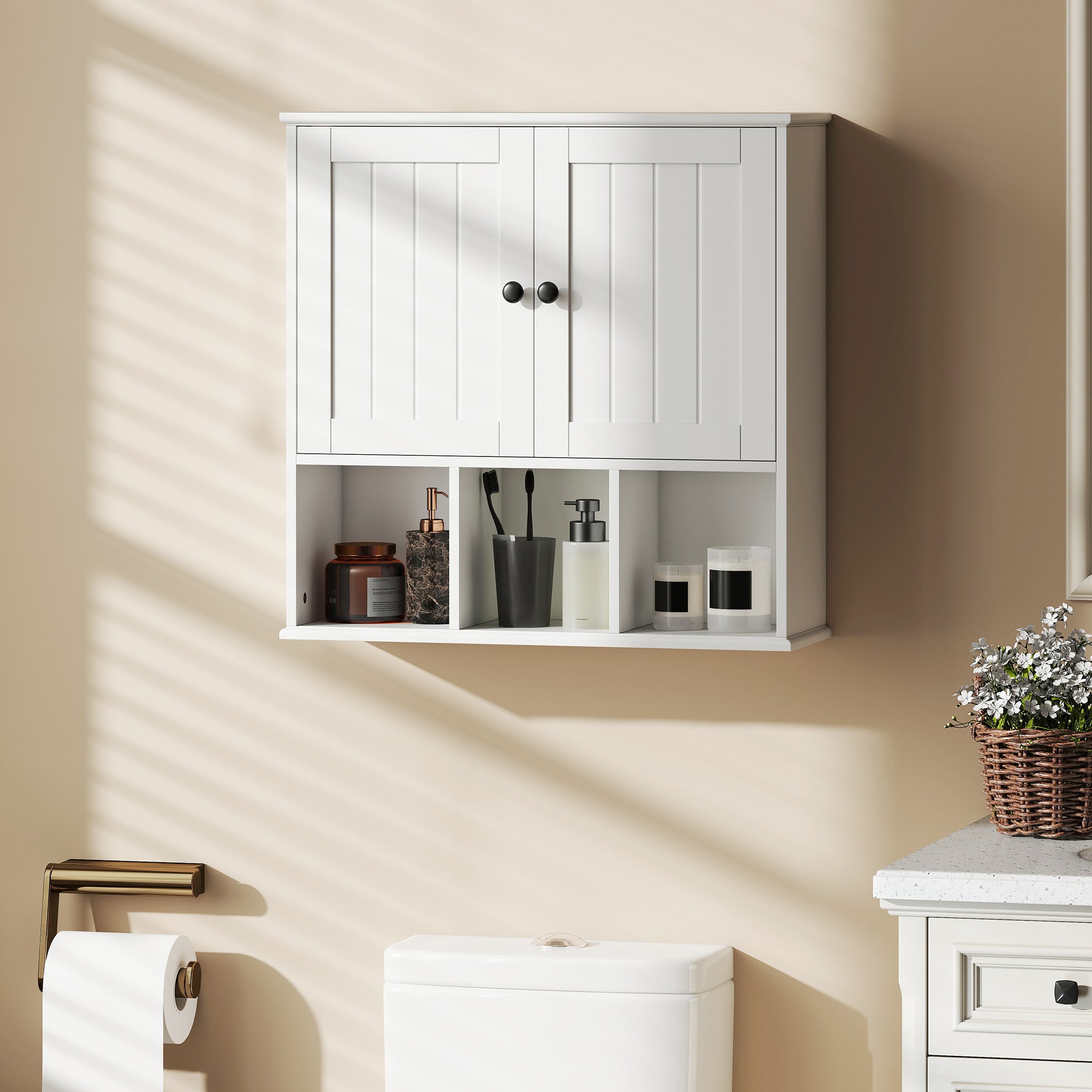 Kozy Farmhouse Bathroom Wall Cabinet, Wall Mounted Medicine Cabinet with Adjustable Shelf, Open Compartments, White