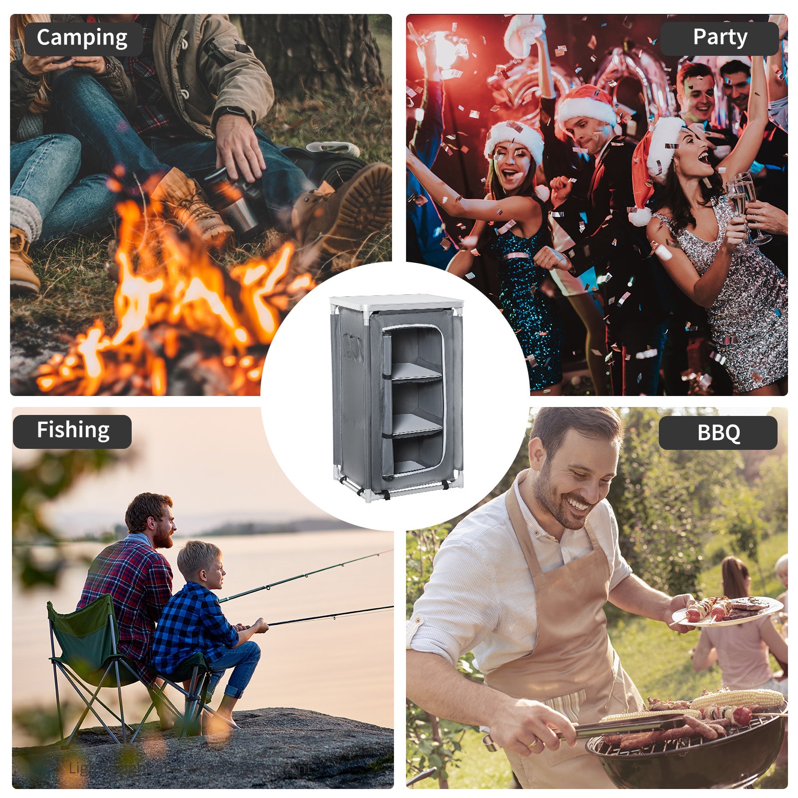 Kozy 3-Shelf Camping Cupboard Camping Kitchen Station Cook Table, Storage Organiser for BBQ Party Picnics Backyards with Carrying Bag, Grey