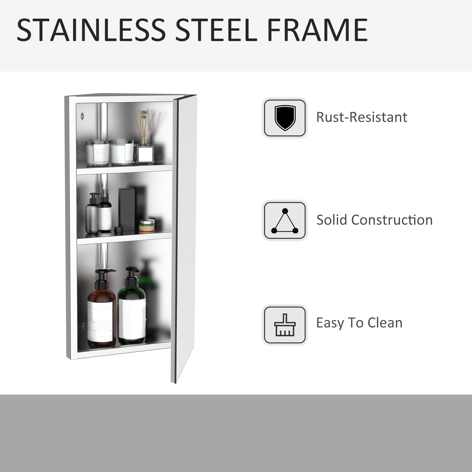Kozy Stainless Steel Wall mounted Bathroom Corner Mirror Storage Cabinet Single Door 300mm (W)