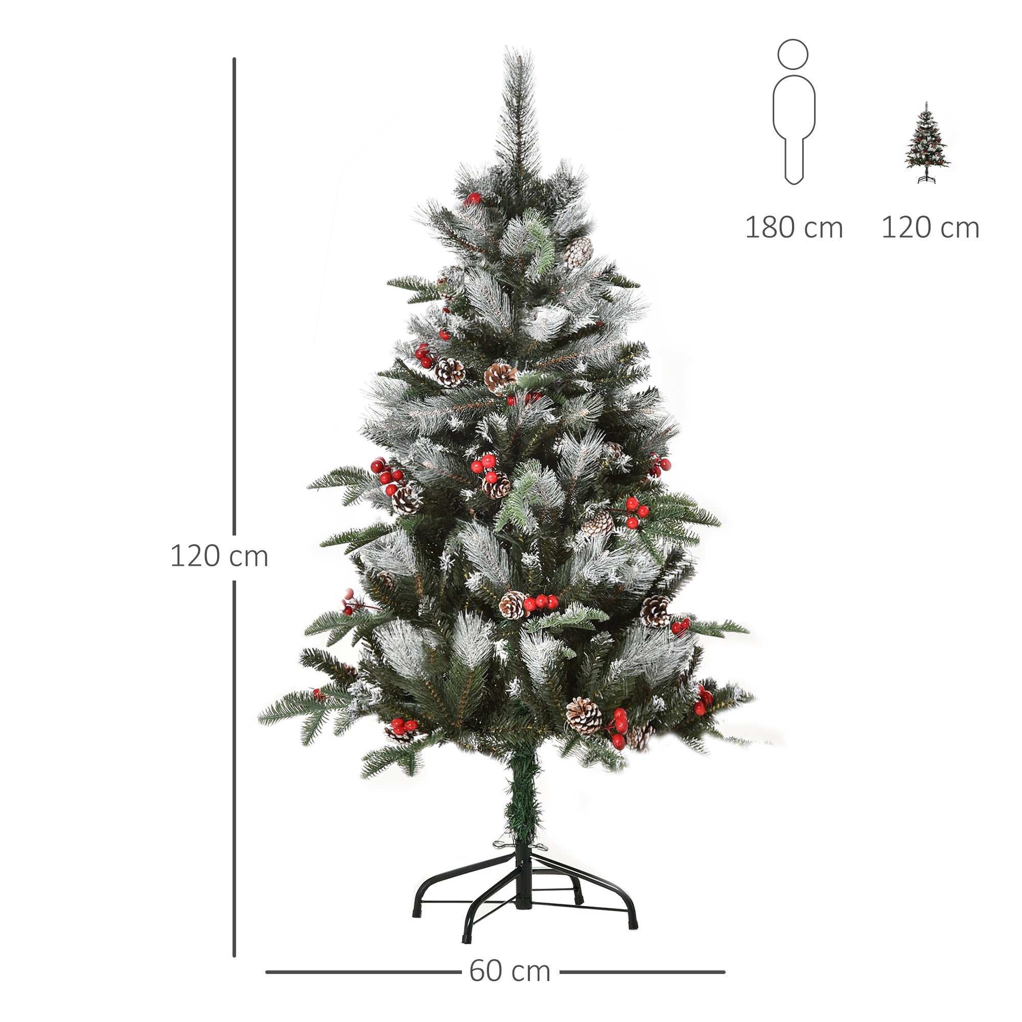 Kozy 4FT Artificial Snow Dipped Christmas Tree Xmas Pencil Tree Holiday Home Party Decoration with Foldable Feet Red Berries White Pinecones, Green