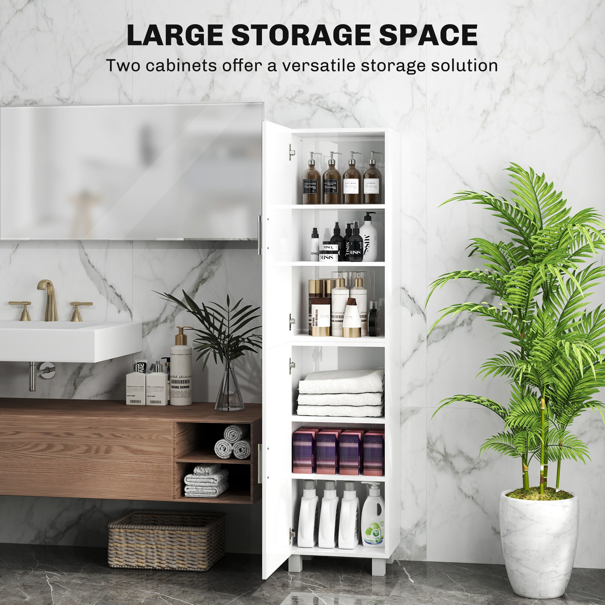 Kozy - Tall Bathroom Cabinet, Freestanding Bathroom Cabinet with Adjustable Shelves and Double Doors