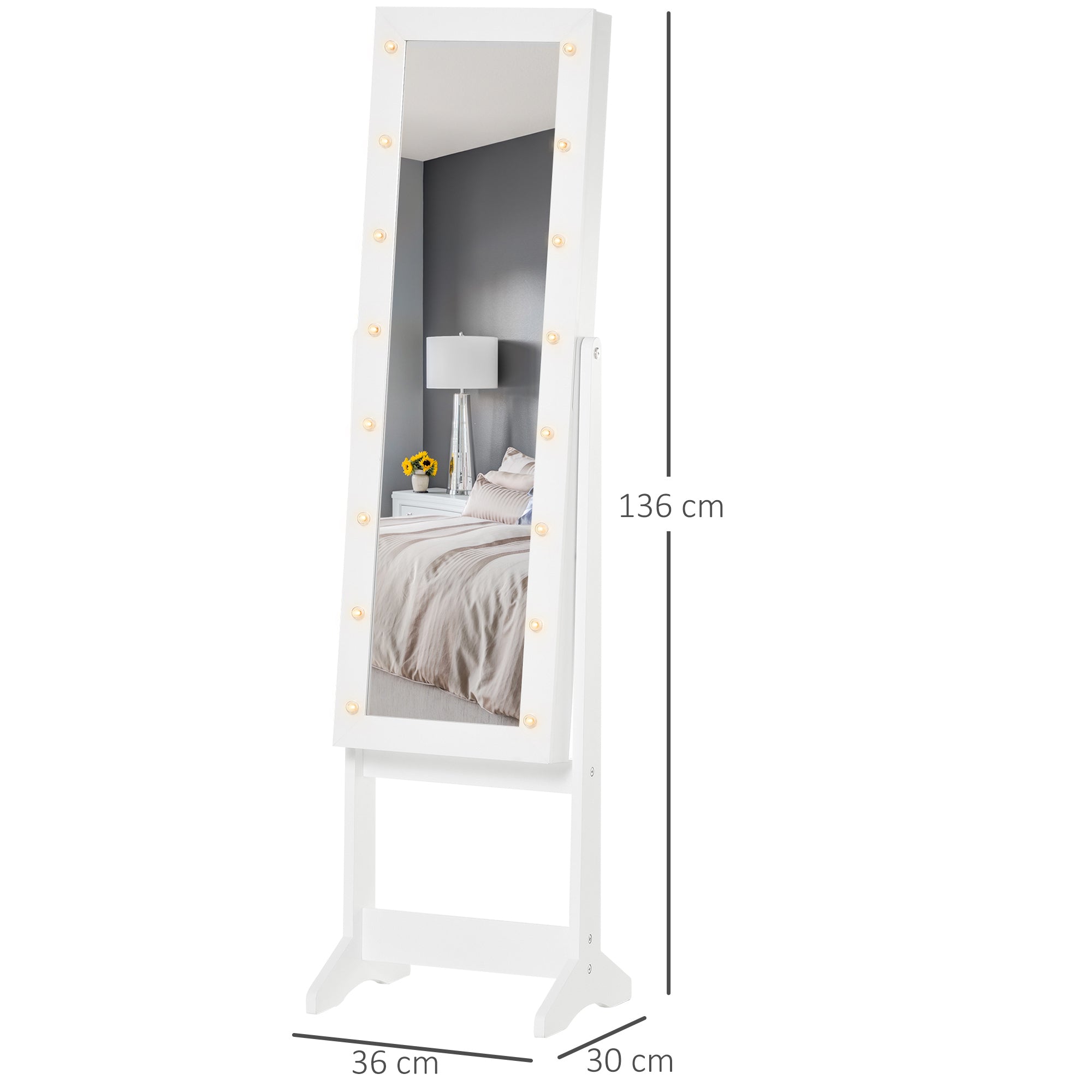 Kozy Free Standing LED Mirrored Jewelry Cabinet Armoire Floor Organiser W/ 3 Angle Adjustable For Rings Earrings Bracelets Cosmetics Warm White