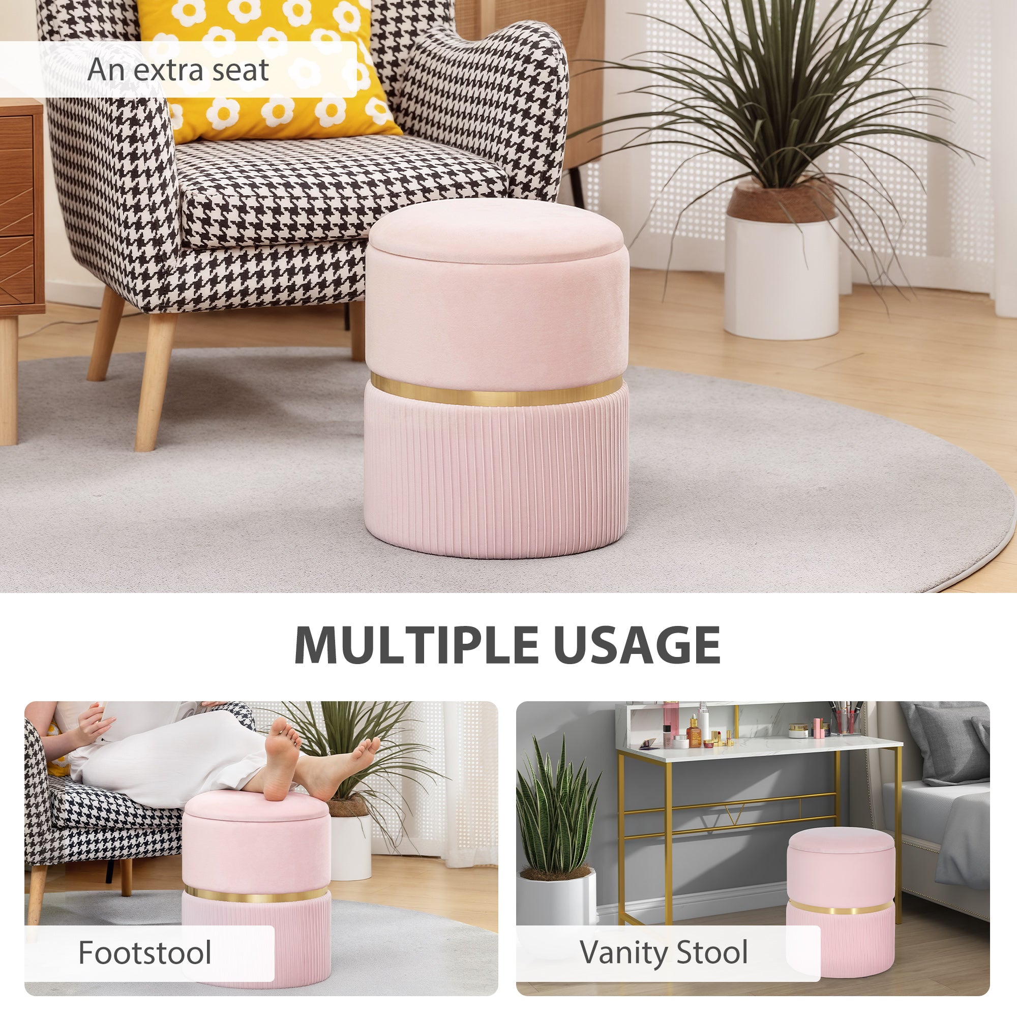 Kozy Velvet-Feel Storage Ottoman - Pink