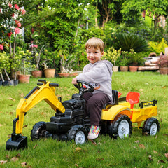 HOMCOM Ride-on Toy Pedal Digger Construction Car with Horn & Detachable Trailer, Yellow
