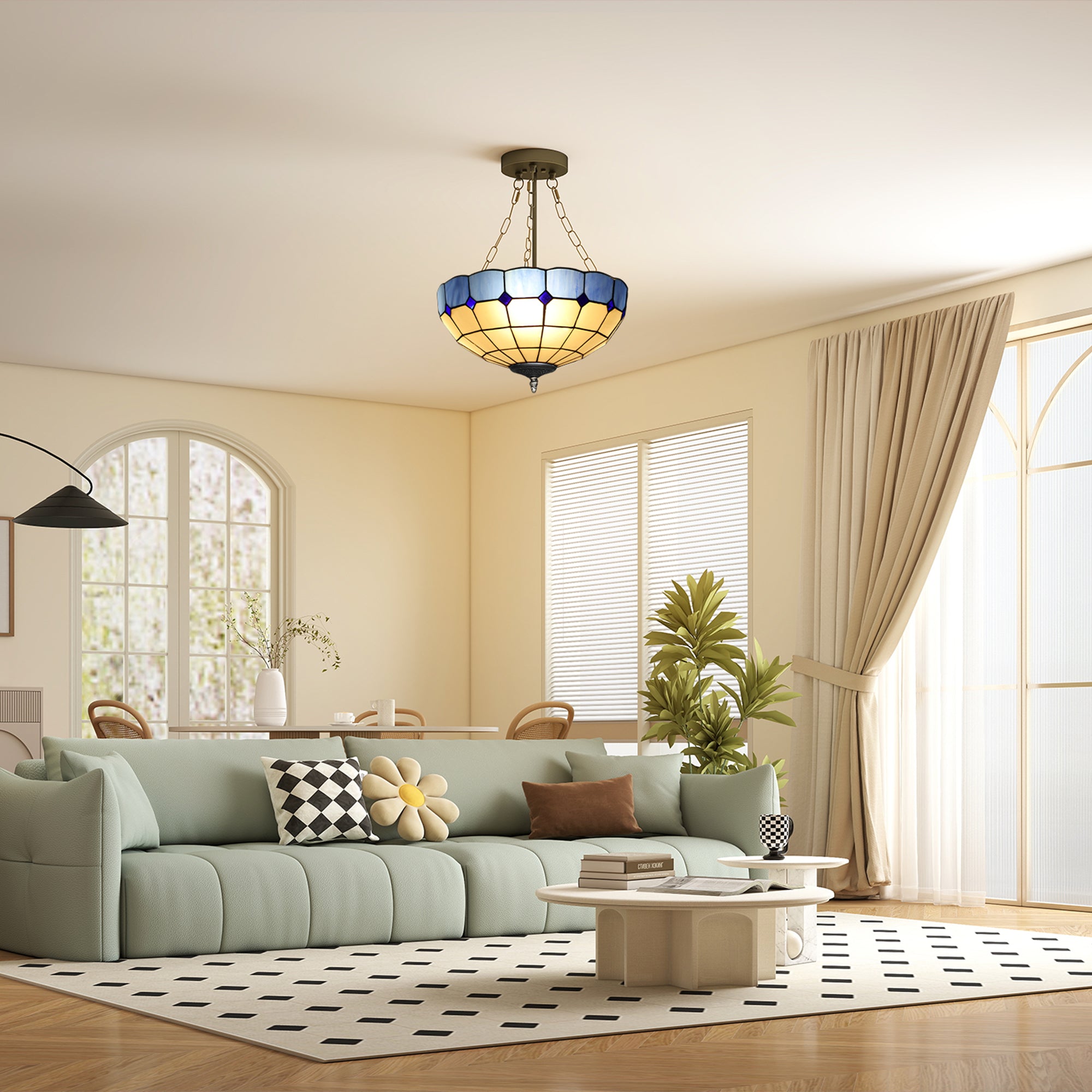 Kozy Tiffany Style Ceiling Light, Vintage Chandelier with 3 E27 Sockets, Semi Flush Mount for Living Room, Bulbs Not Included