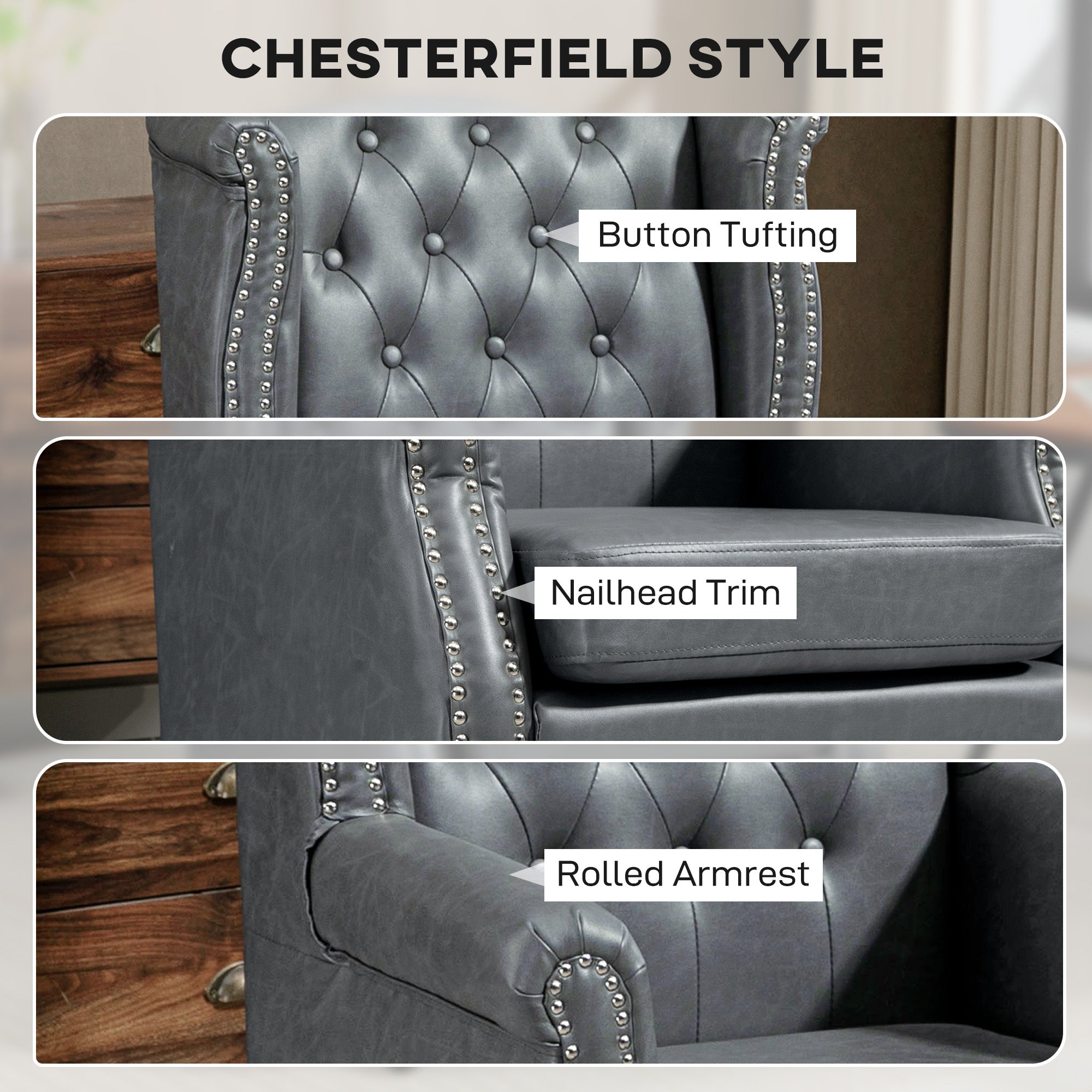 Kozy - Wingback Accent Chair Tufted Chesterfield-style Armchair with Nail Head Trim for Living Room Bedroom Grey