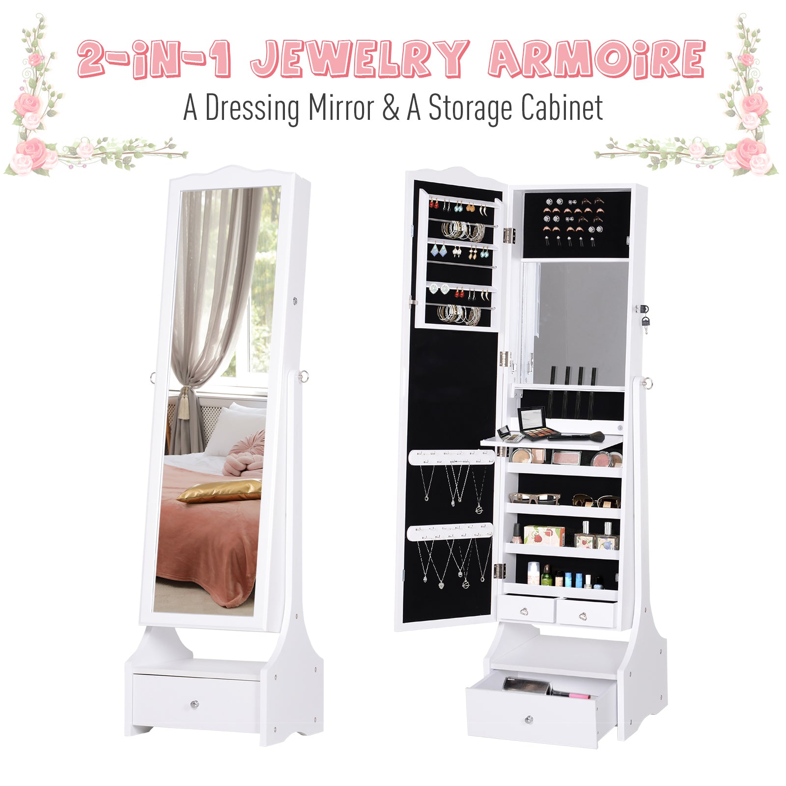 Kozy Jewellery Cabinet with led, mirroir Cabinet Armoire Floor Standing Flip-over Makeup Shelf Organizer with lock white