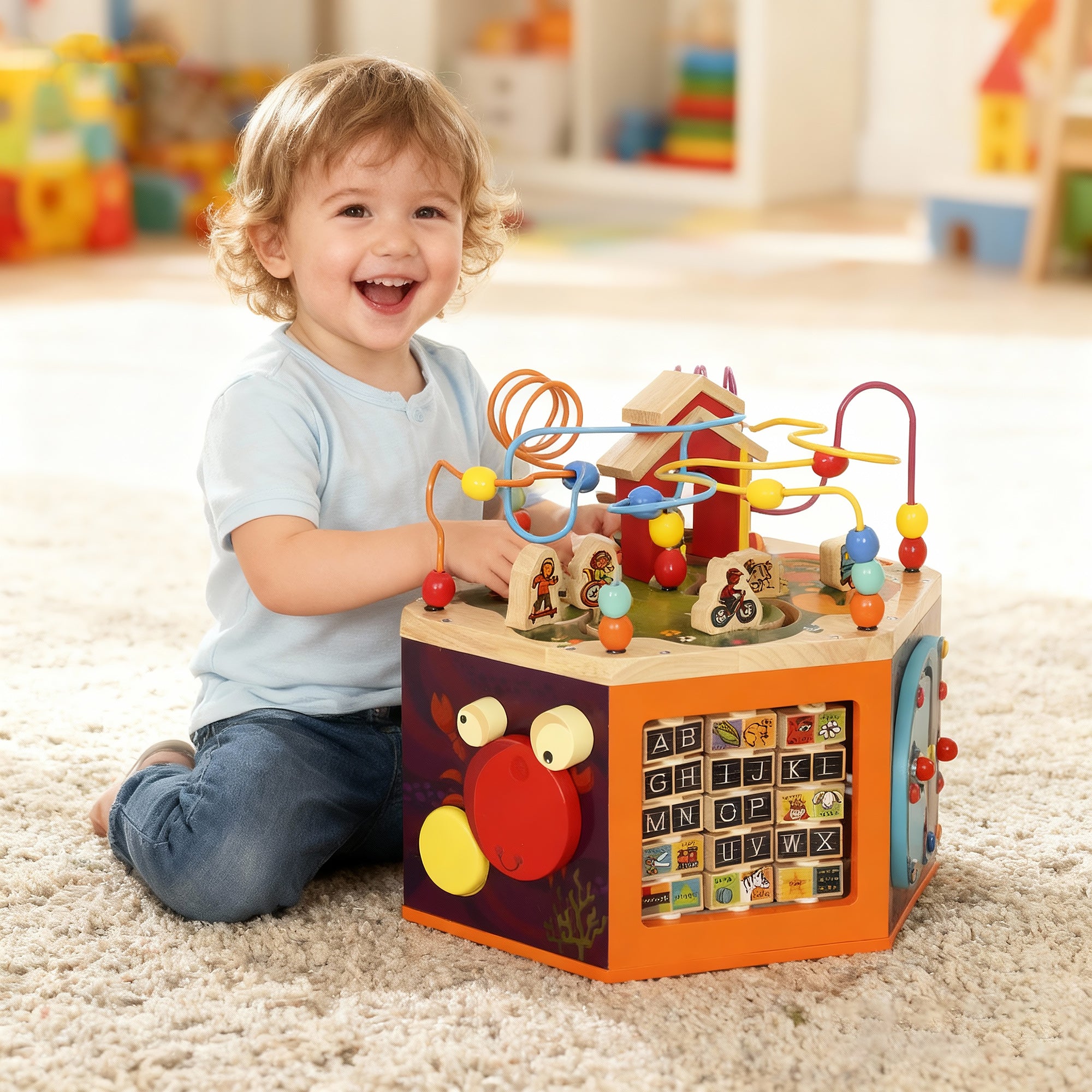 Kozy 8 in 1 Wooden Activity Cube with Bead Maze, Shape Sorter, for Kids Boys Girls 18+ Months