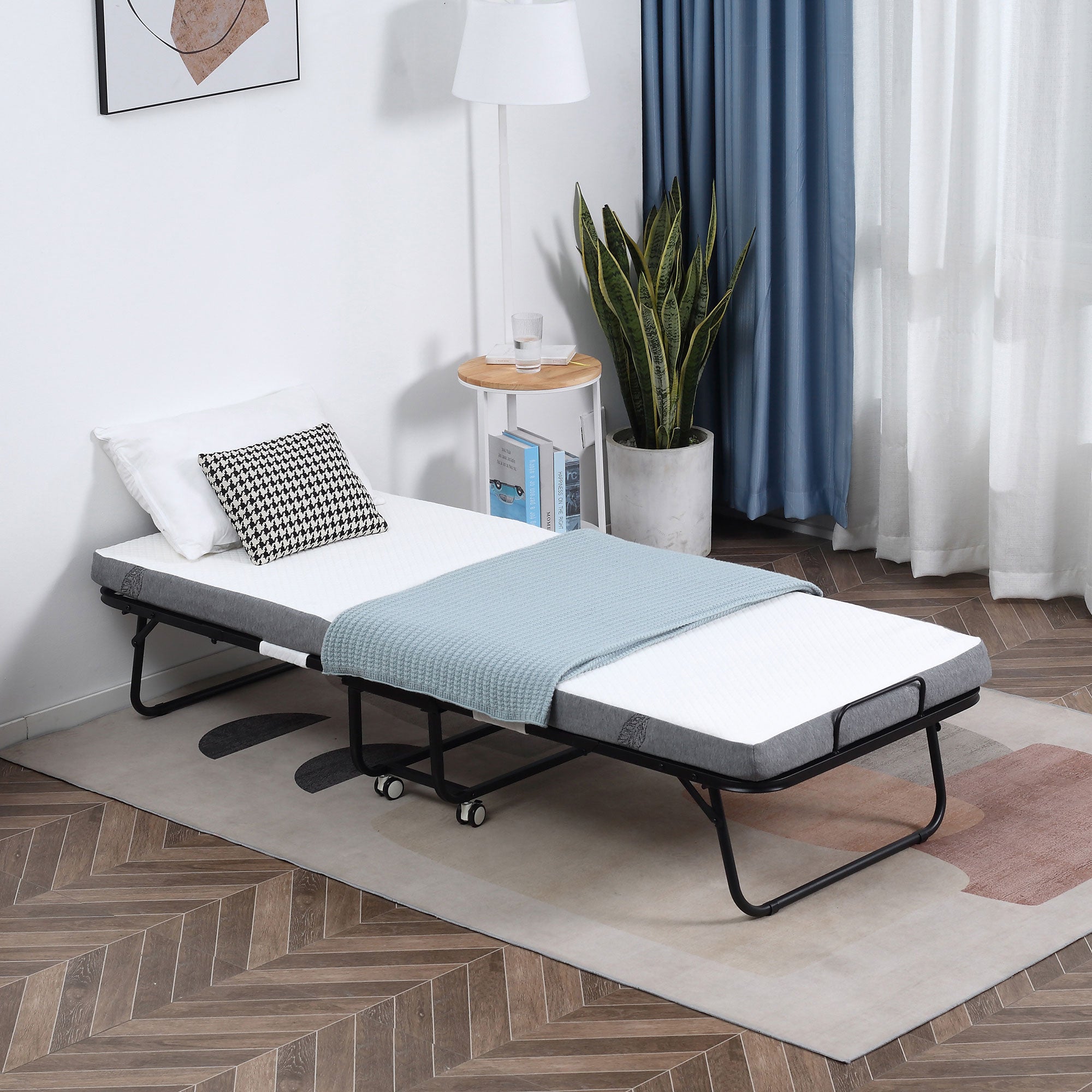 Kozy Folding Bed with 10cm Mattress, Portable Foldable Guest Bed with Sturdy Metal Frame on Wheels