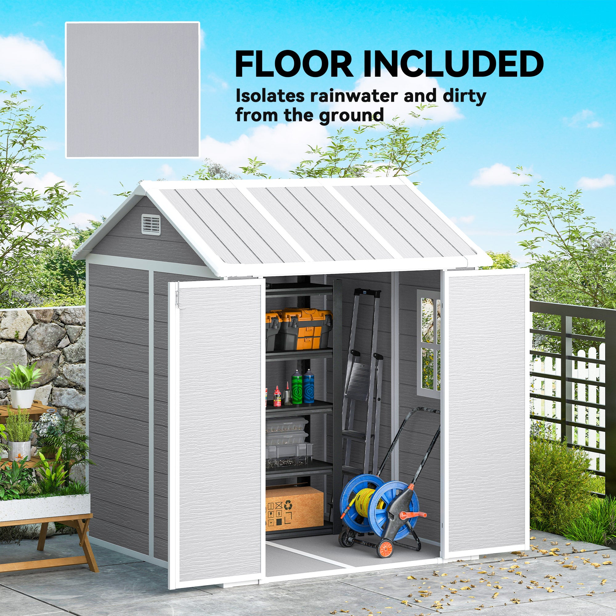 Kozy - 6 x 6ft Garden Shed with Floor, Window, Lockable Doors and Vents, Wood Effect Resin Tool Shed for Outdoor Patio, Grey