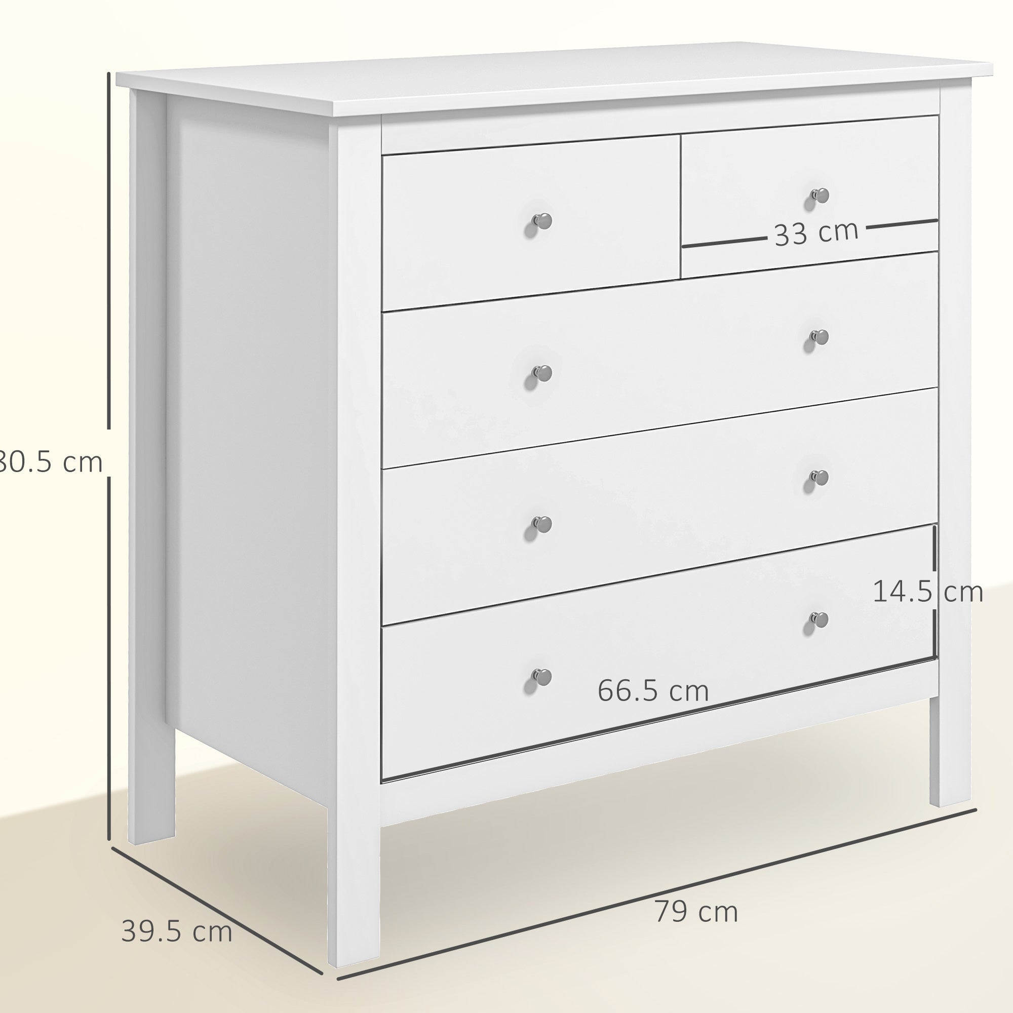 Kozy Modern Chest of Drawers, 5 Drawer Storage Cabinet with Metal Handles and Runners for Bedroom, White