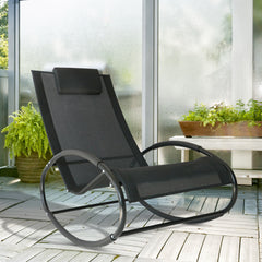 Outsunny Rocking Chair Sun Lounger Recliner Rocker Texteline Fabric Patio Garden Relaxer with Pillow Black