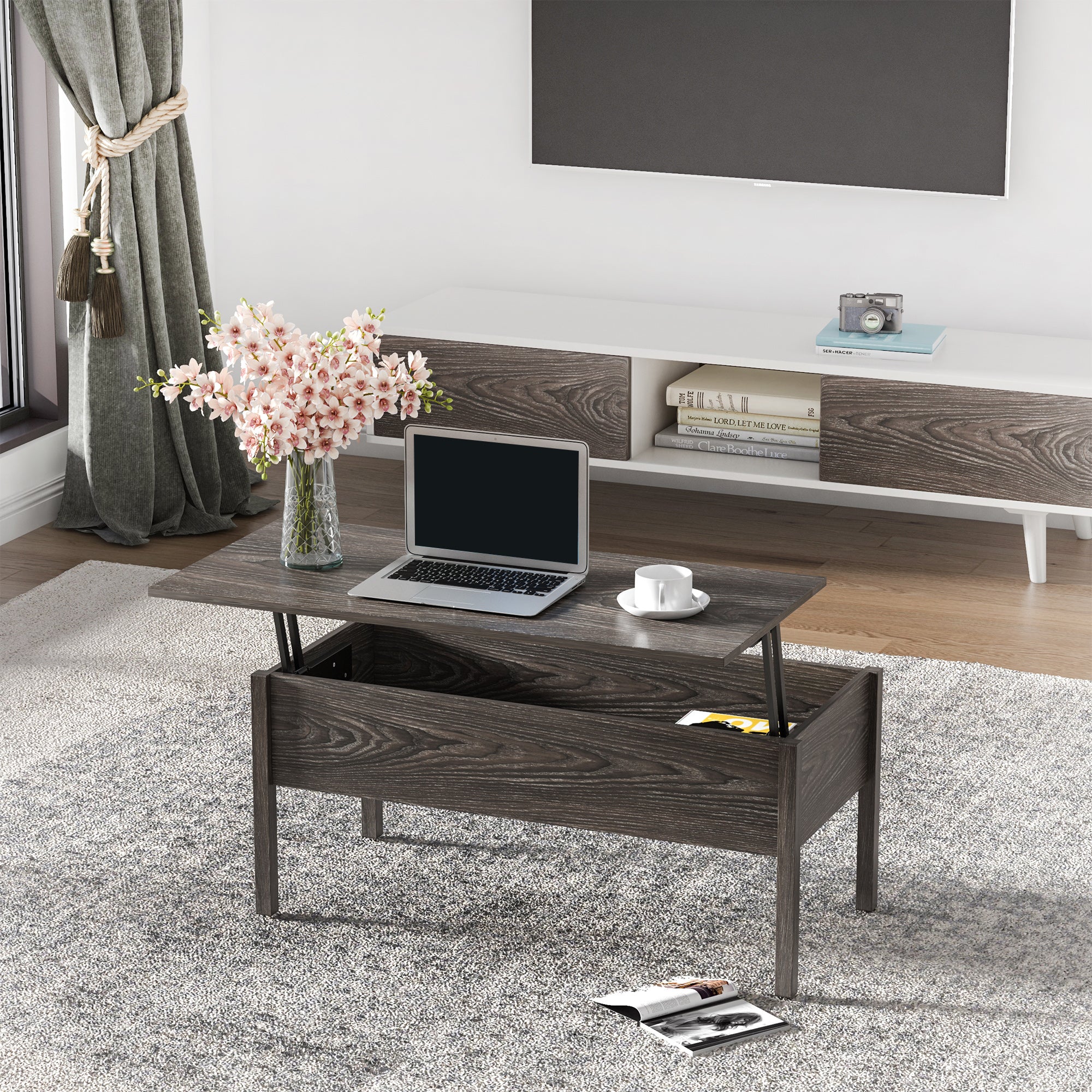 HOMCOM Lift Top Coffee Table, Modern with Storage Compartment, Convertible Tea Desk, Home Office Furniture, Tan