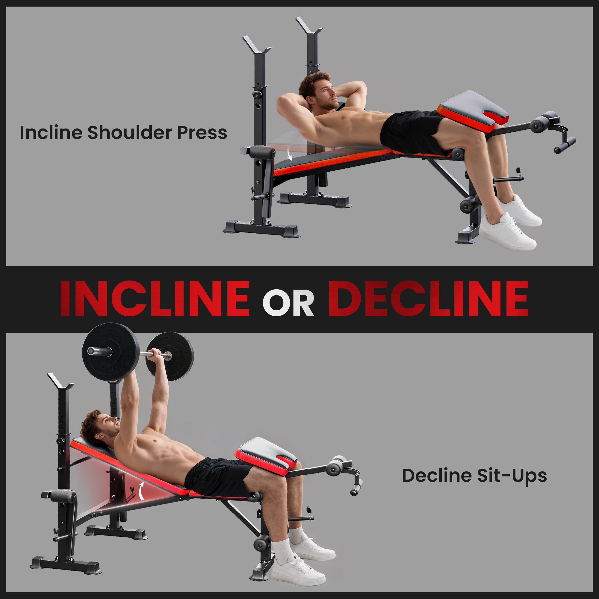 Kozy Adjustable Weight Bench with Leg Extension, Barbell Rack, Preacher Curl Pad, Butterfly, Multi-Function Home Gym Bench for Strength Training, Red