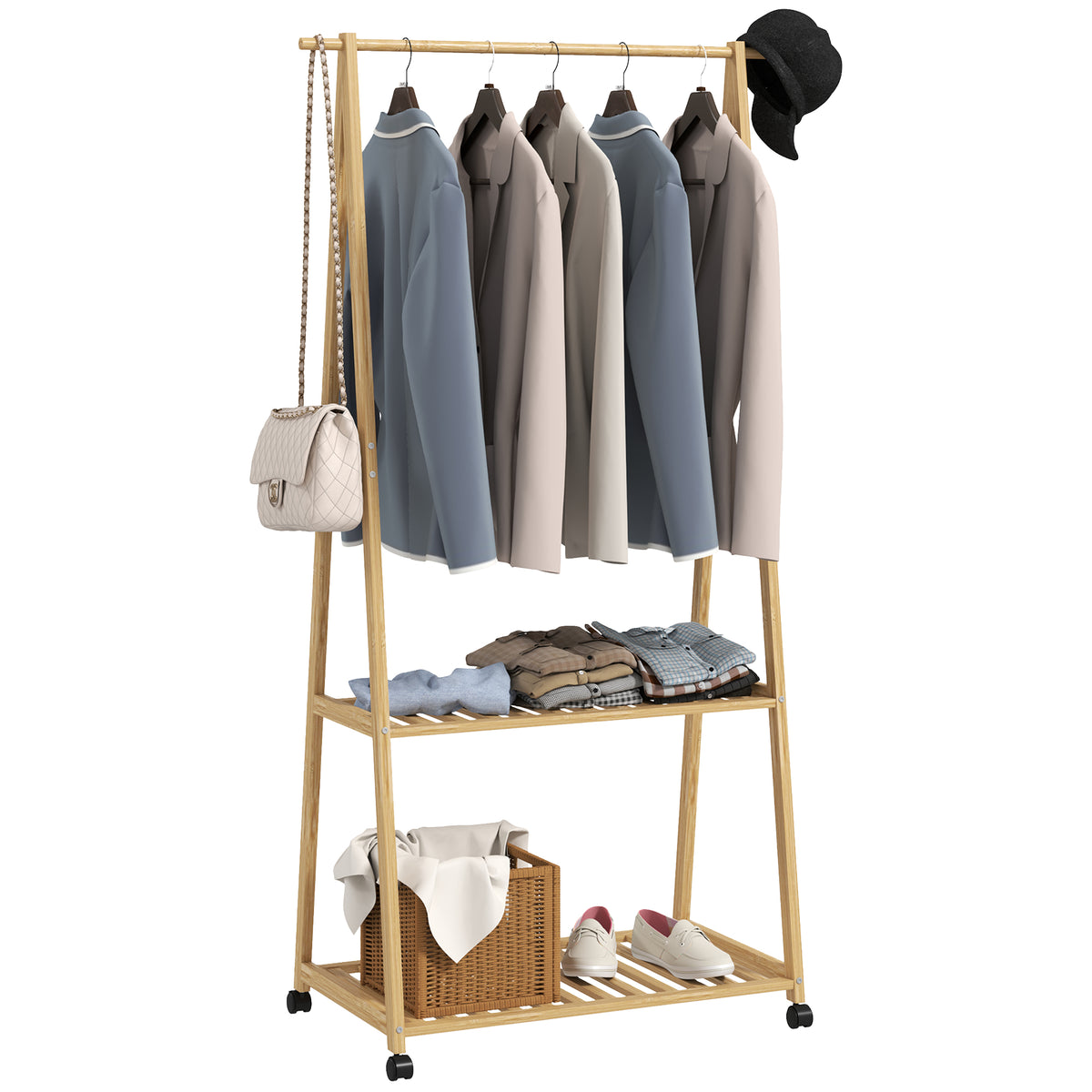 Bamboo Clothes Rack, with Shelves and Hooks - Natural Finish
