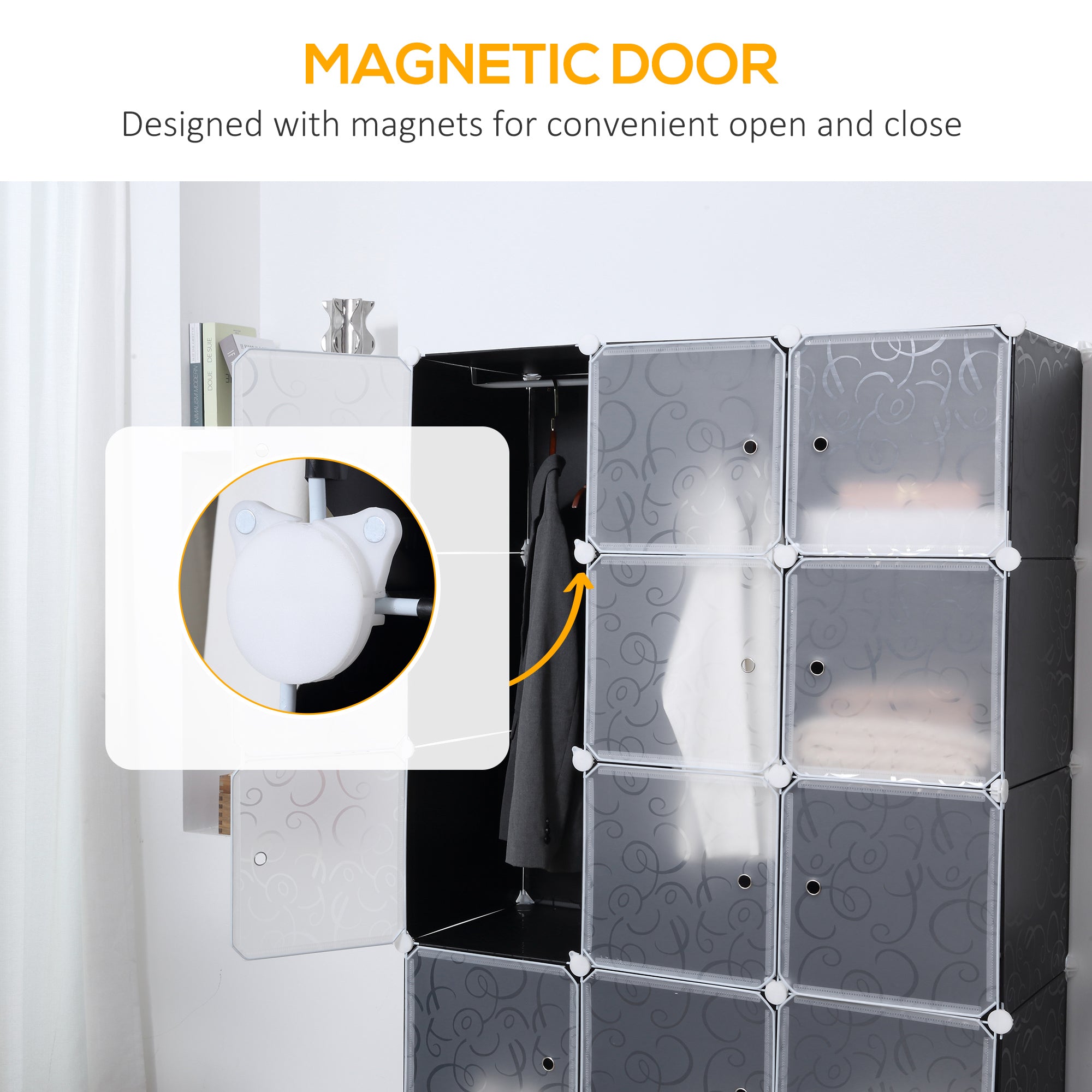 Kozy Portable Wardrobe for Bedroom, 15 Cube Closet with Hanging Rail, Modular Storage Cabinet, Plastic Armoire for Space Saving, White and Black