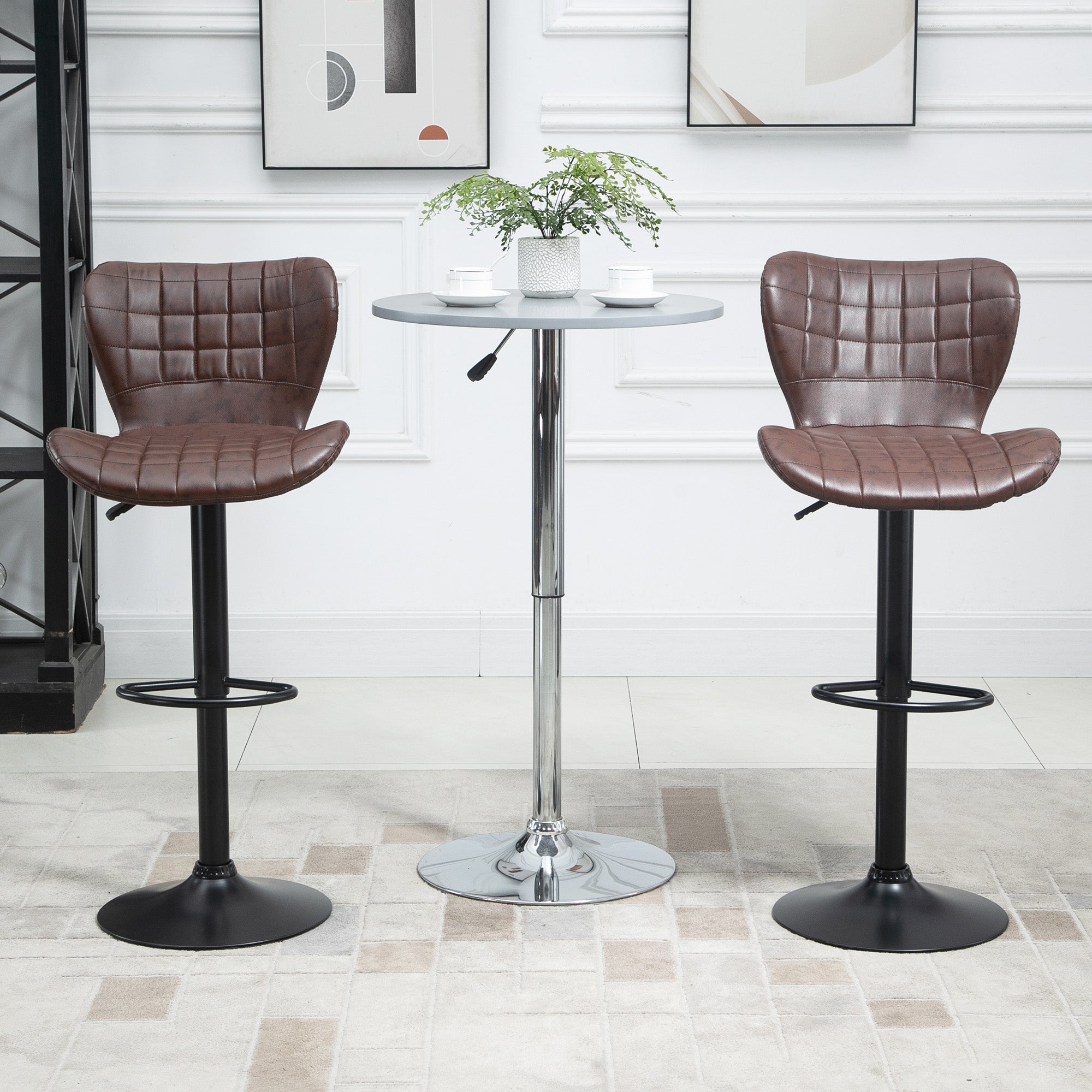 Kozy Bar Stools Set of 2 Adjustable Height Swivel Bar Chairs in PU Leather with Backrest & Footrest, Brown
