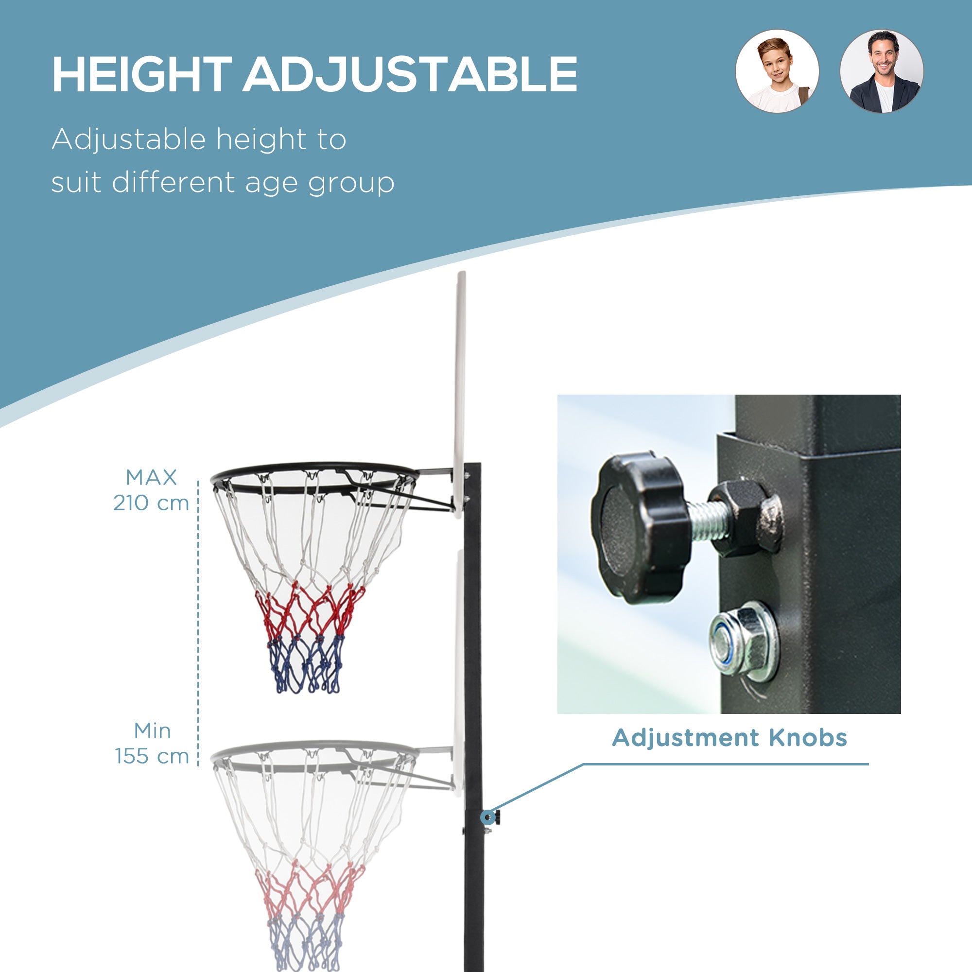 HOMCOM Portable Basketball Hoop Stand with Wheels, Adjustable Height, Indoor/Outdoor, Black & White