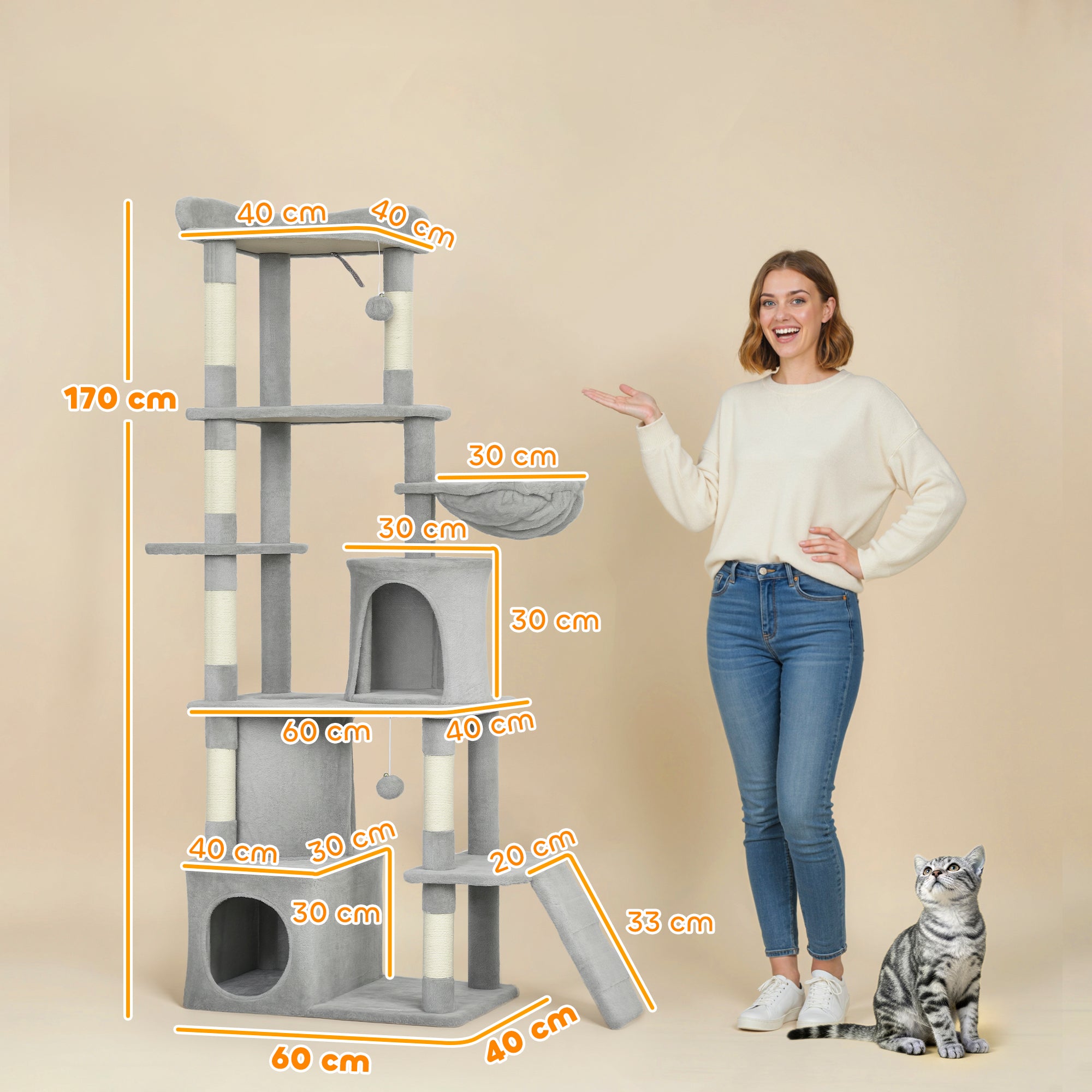 Kozy 170 cm Large Cat Tree, Cat Tower with 7 Scratching Posts, Tunnel, 2 Condos, Hammock, Perch, Ramp, Pompoms, Light Grey