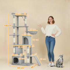 Kozy 170 cm Large Cat Tree, Cat Tower with 7 Scratching Posts, Tunnel, 2 Condos, Hammock, Perch, Ramp, Pompoms, Light Grey