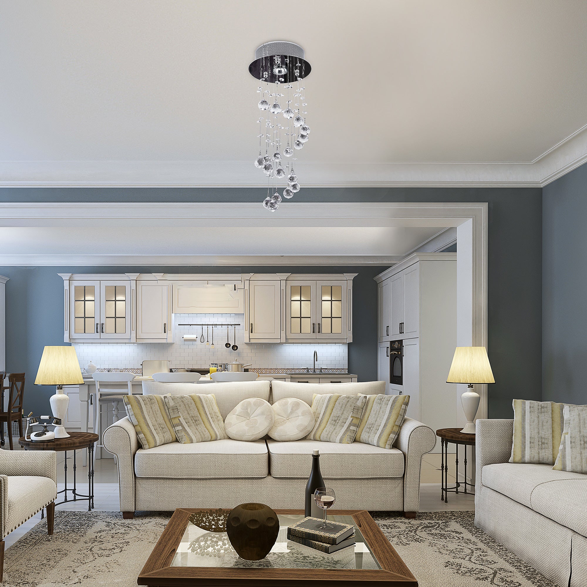 Kozy Metal Crystal Ceiling Light Chandelier Elegant Pendant Lamp Living Room Stairway Stairway Spiral Rain Drop Pendant Lamp Silver