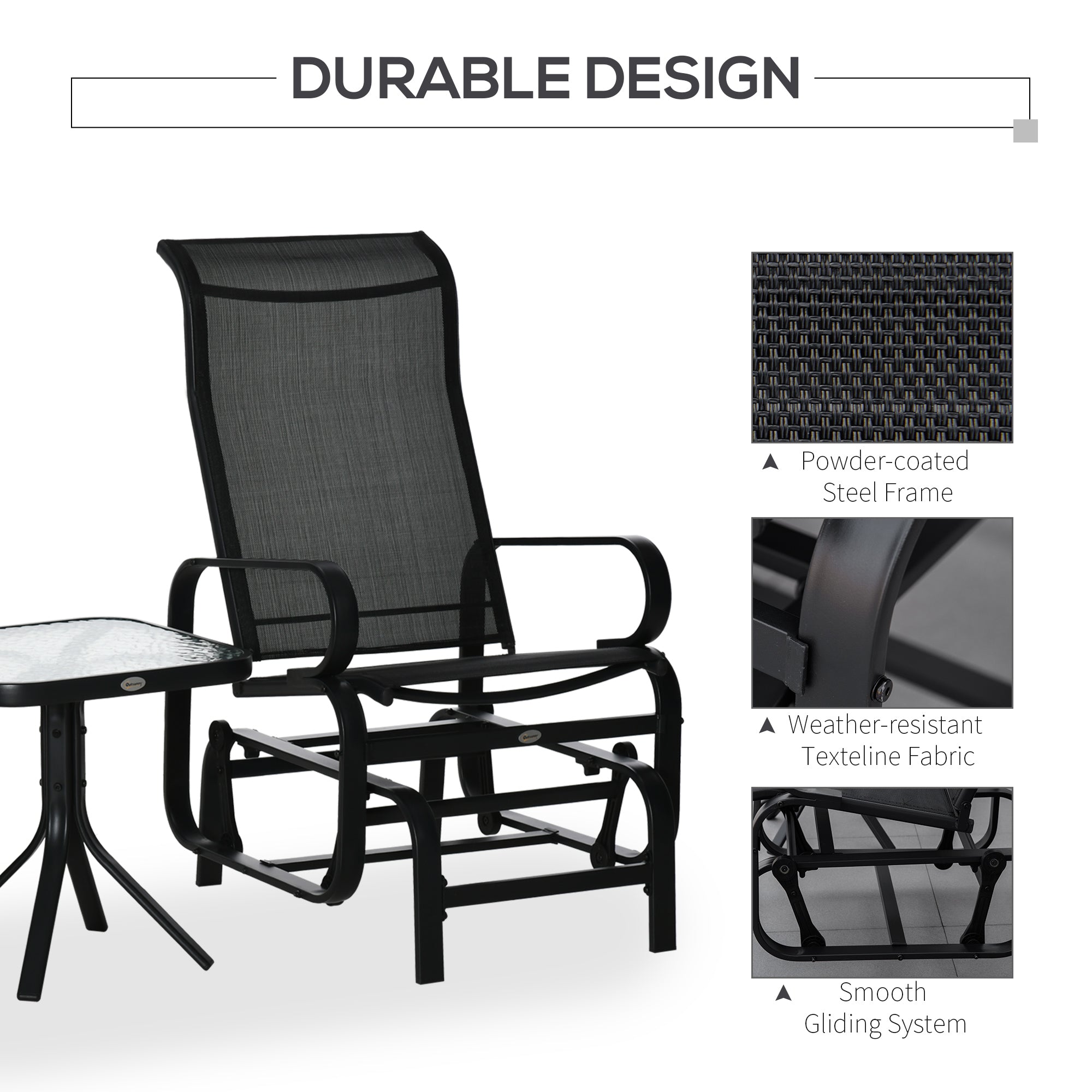 Kozy 3 Pieces Garden Gliding Chair Set, Metal Frame 2 Single Armchair Swing Seater and 1 Glass Top Coffee Table w/ Breath Mesh Fabric Seat, Black