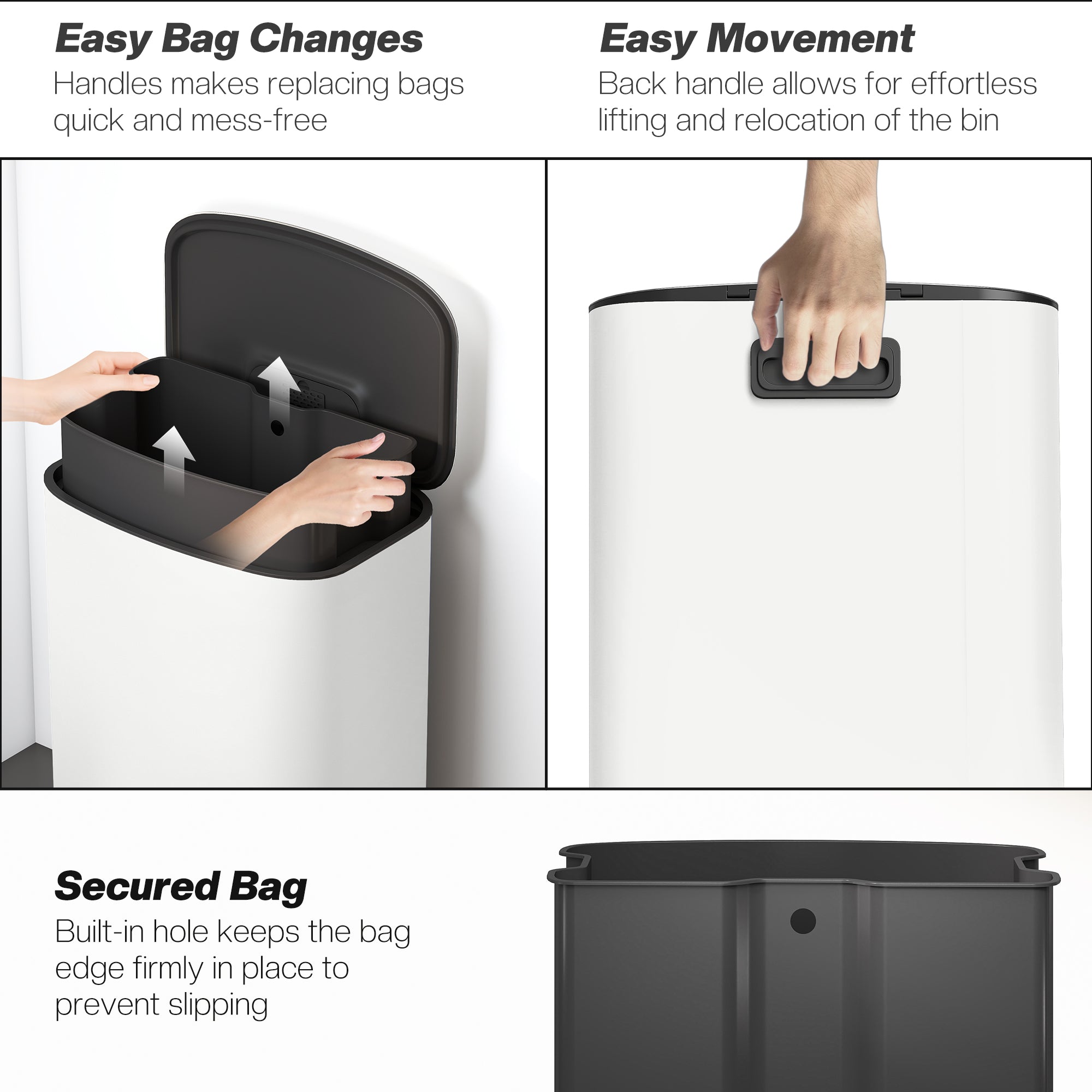 Kozy 50L Kitchen Bin with Soft-Close Lid and Stay-Open Function, Stainless Steel Pedal Bin with Removable Inner Bucket, Carry Handle for Kitchen, Office, Home, Cream